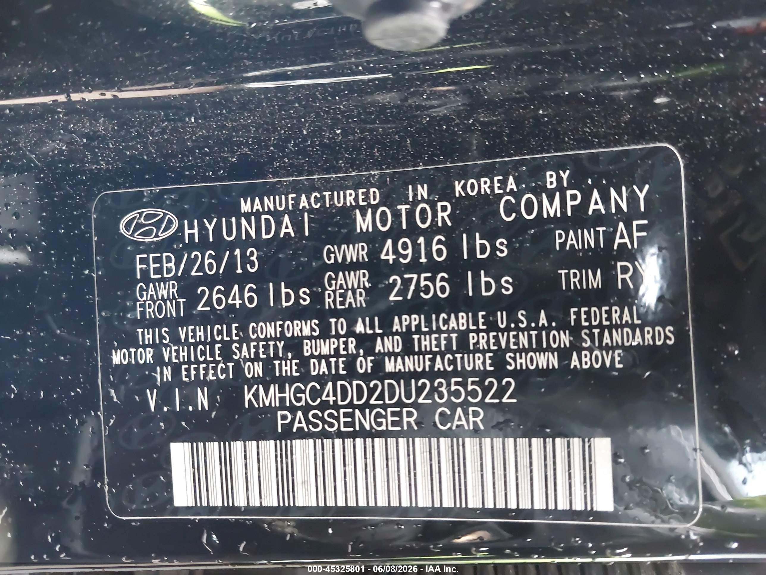 2013 Hyundai Genesis 3.8 Black vin: KMHGC4DD2DU235522