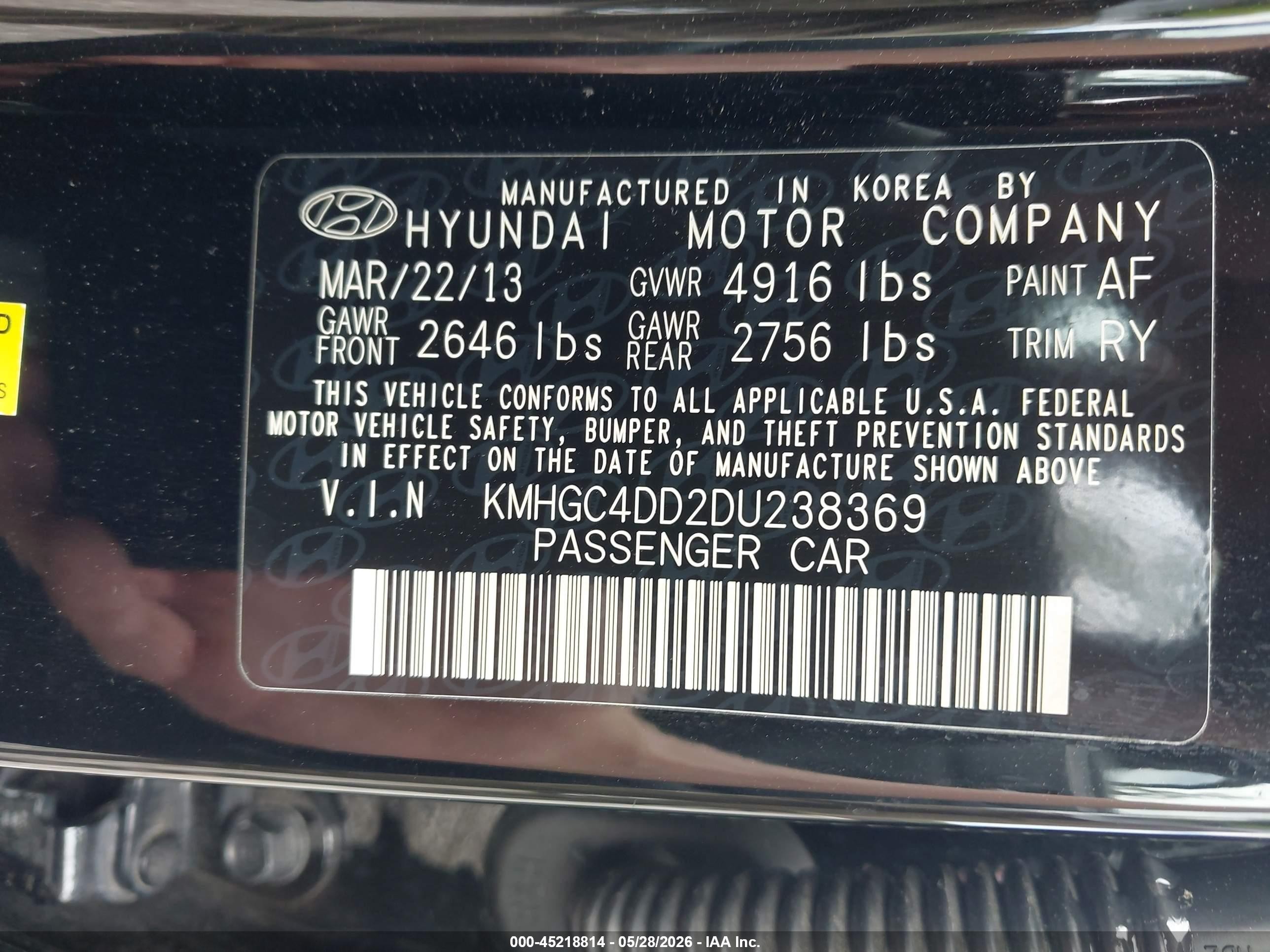 2013 Hyundai Genesis 3.8 Black vin: KMHGC4DD2DU238369