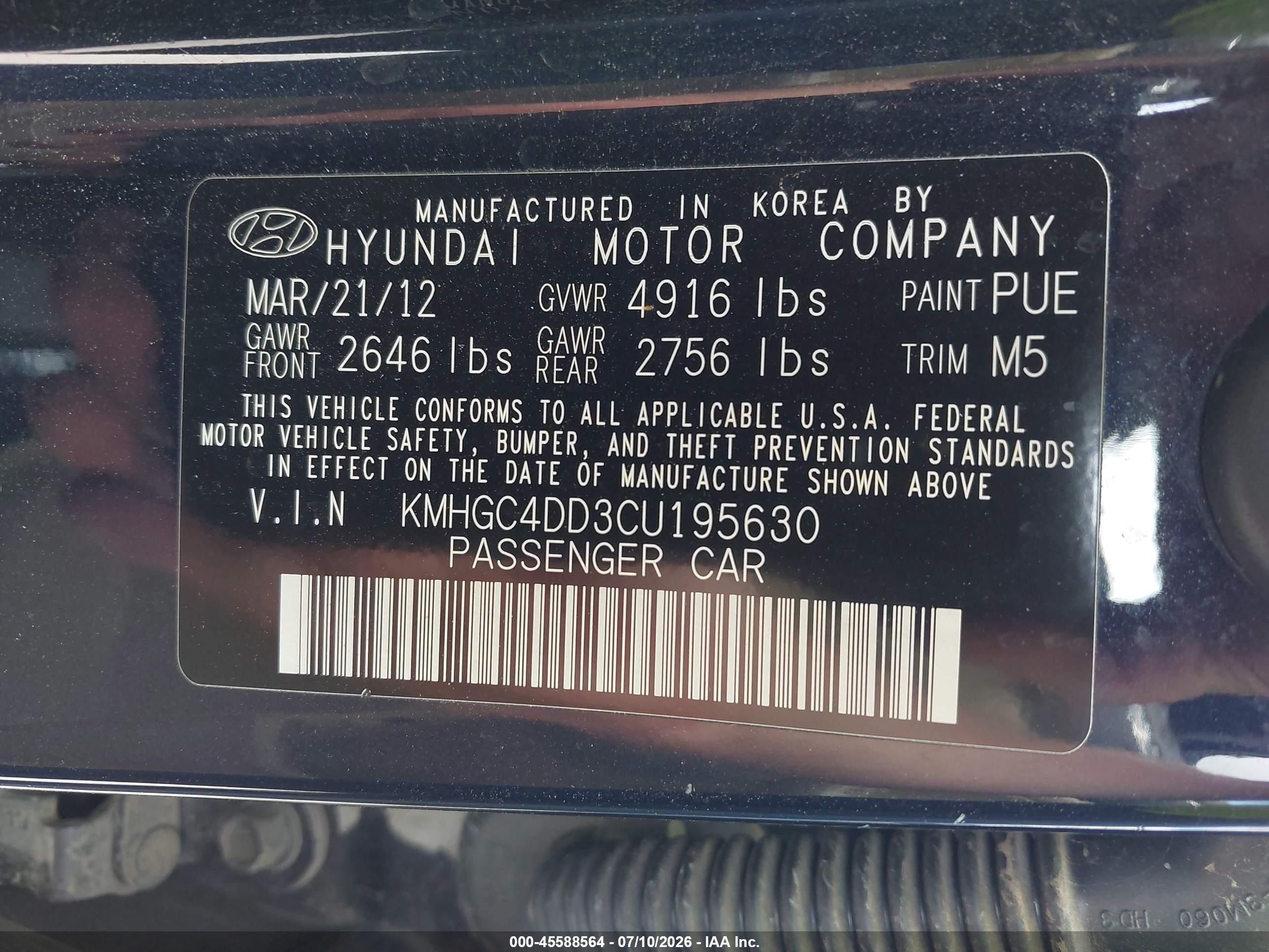 2012 Hyundai Genesis 3.8 Blue vin: KMHGC4DD3CU195630