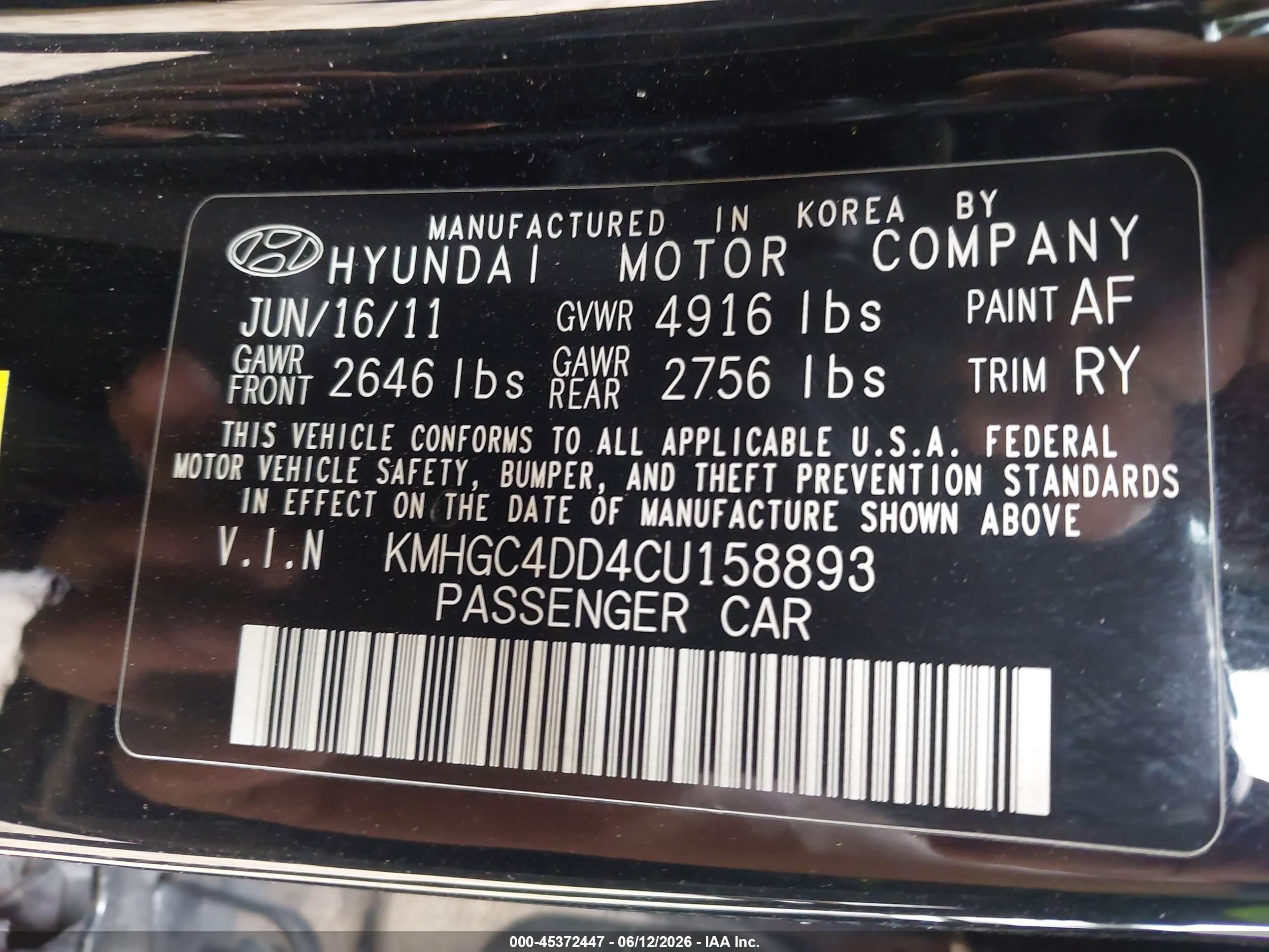 2012 Hyundai Genesis 3.8 Black vin: KMHGC4DD4CU158893