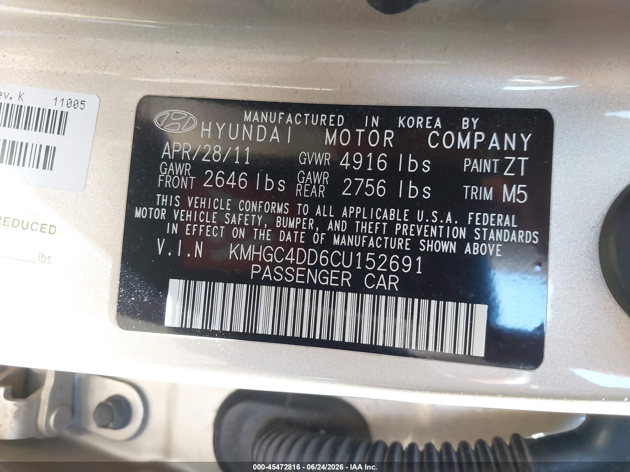 2012 Hyundai Genesis 3.8 Gold vin: KMHGC4DD6CU152691