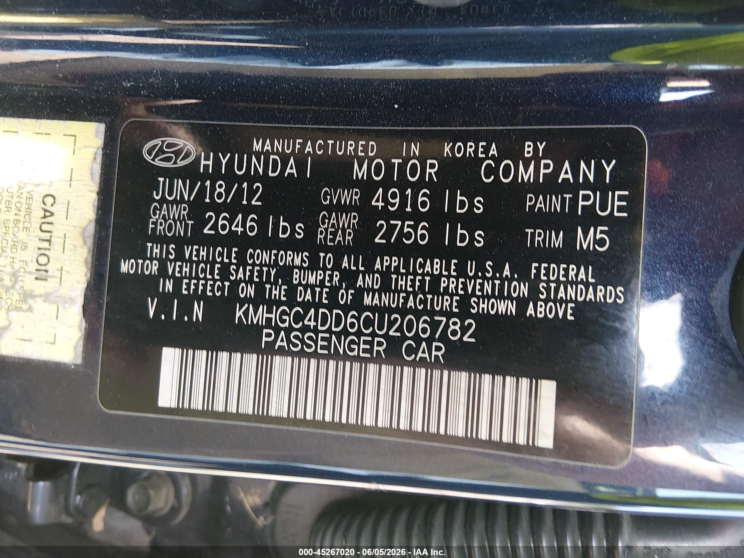 2012 Hyundai Genesis 3.8 Blue vin: KMHGC4DD6CU206782