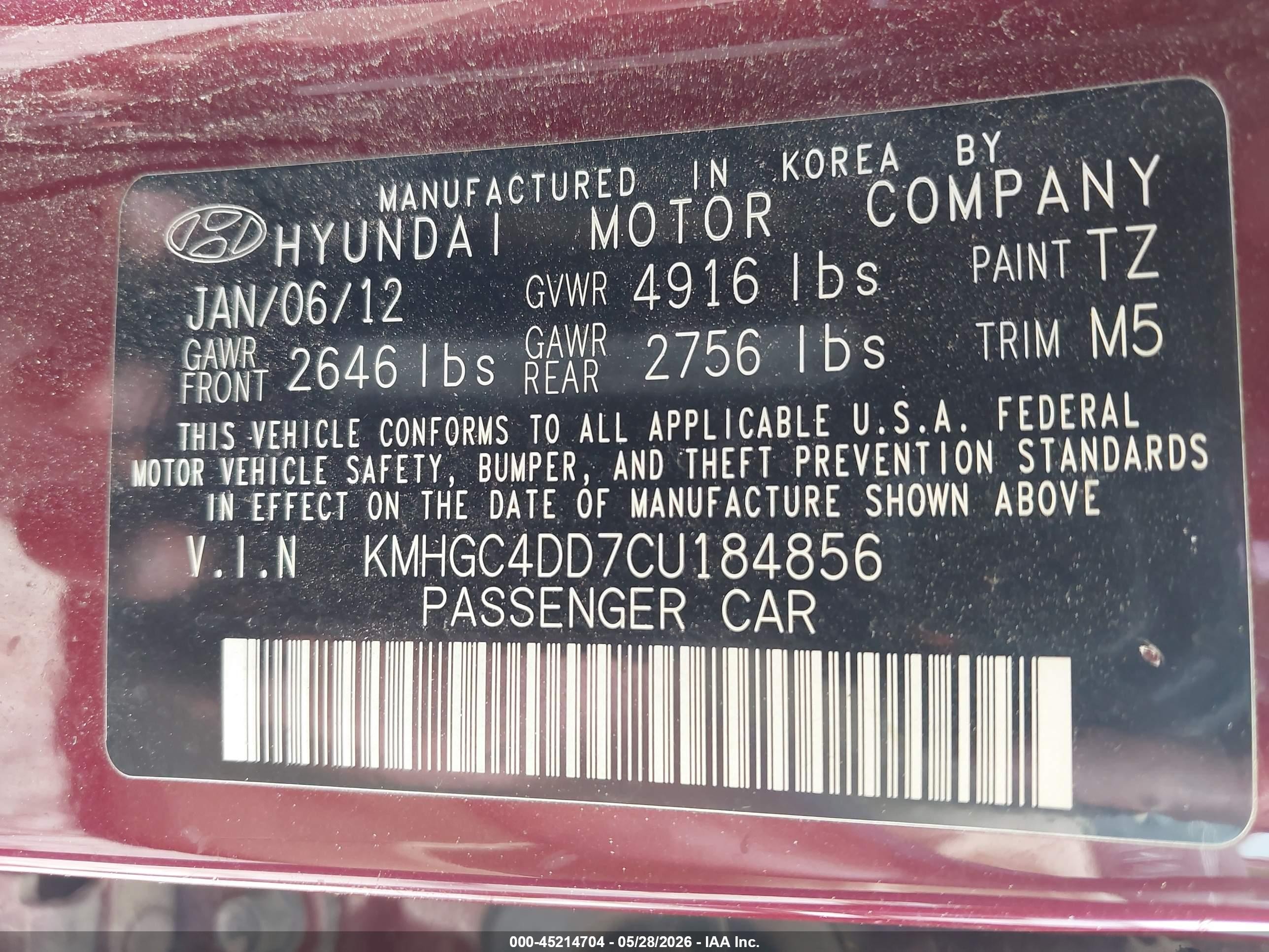 2012 Hyundai Genesis 3.8 Burgundy vin: KMHGC4DD7CU184856