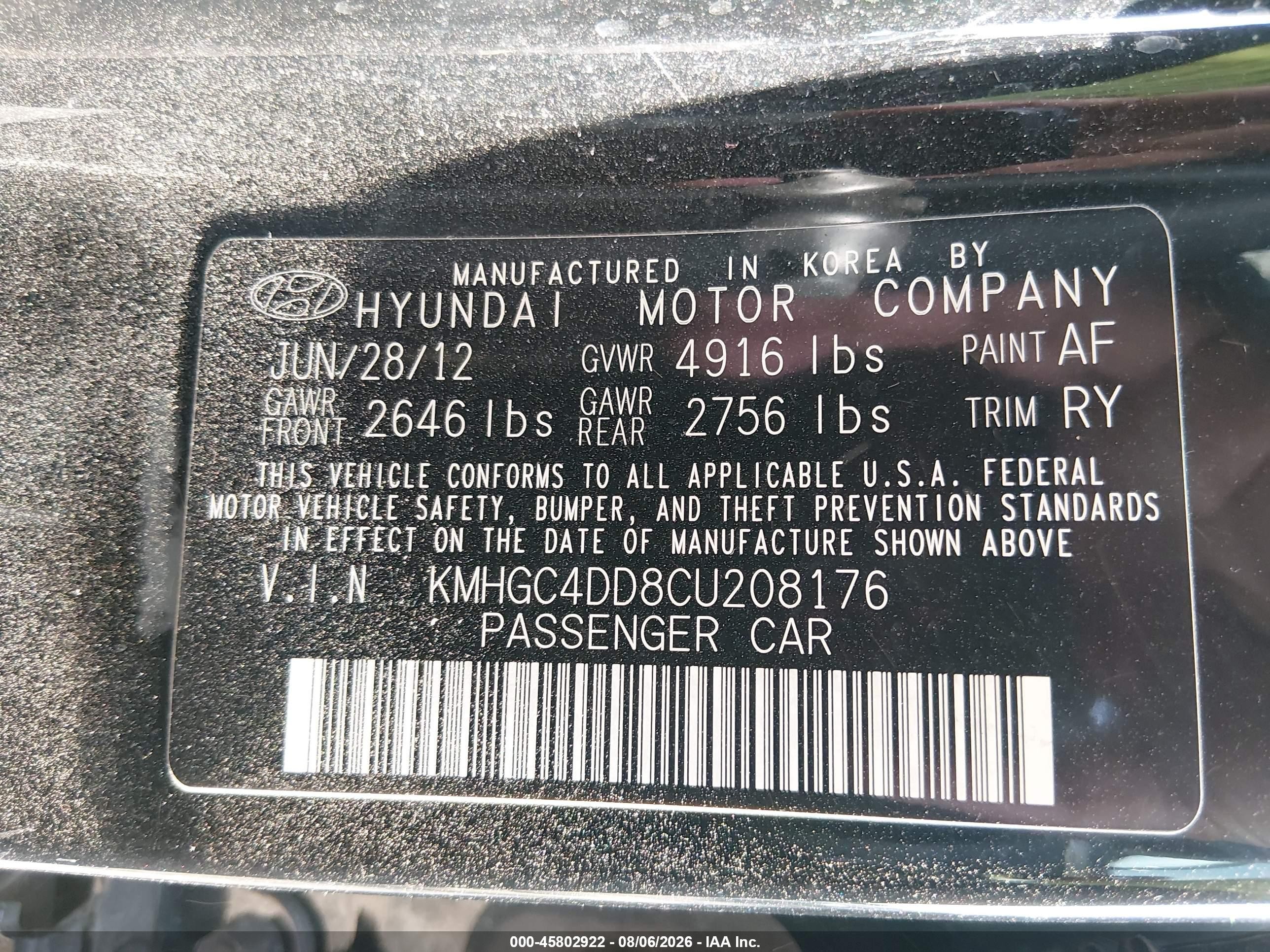 2012 Hyundai Genesis 3.8 Black vin: KMHGC4DD8CU208176