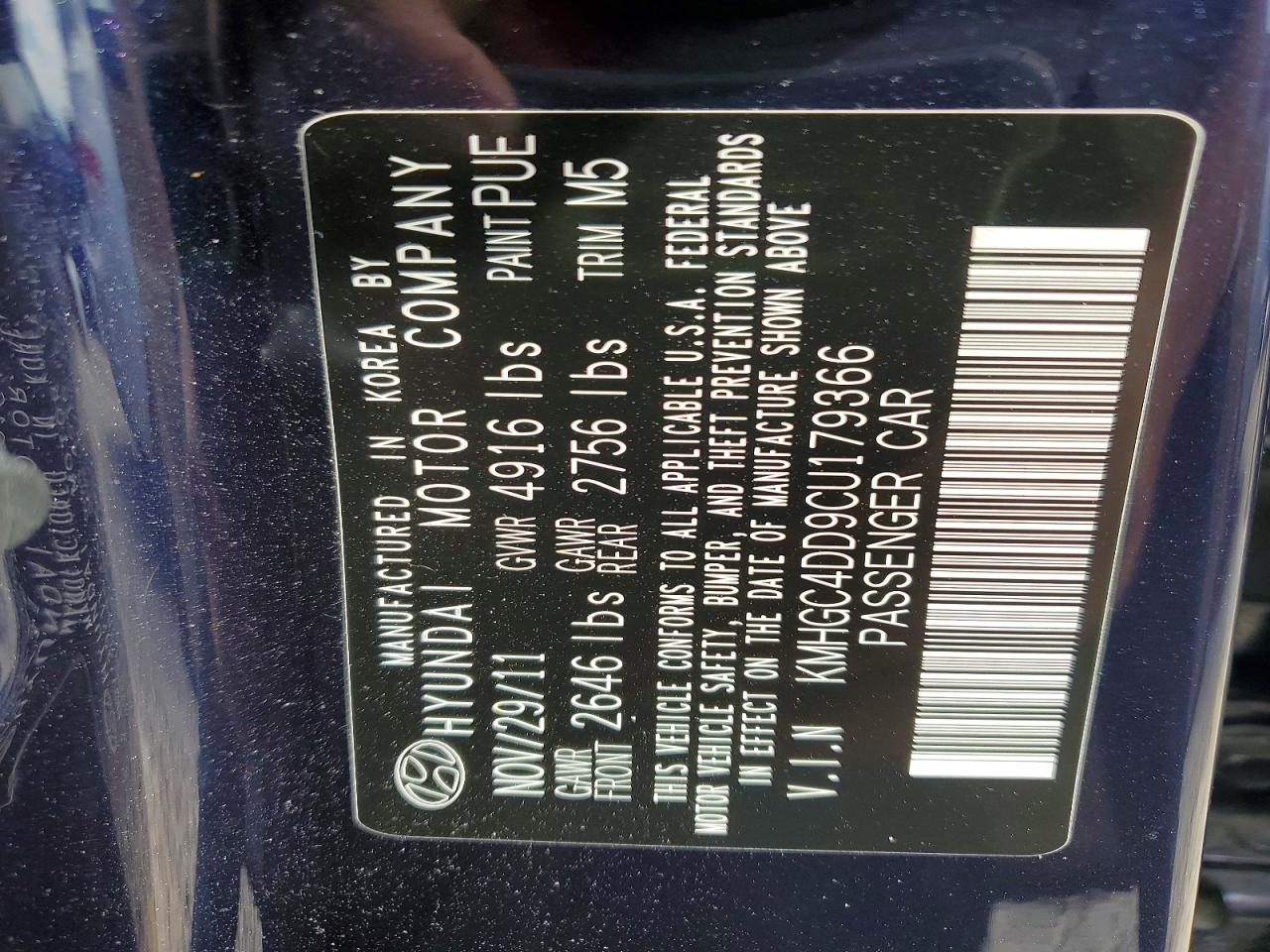2012 Hyundai Genesis 3.8l Blue vin: KMHGC4DD9CU179366