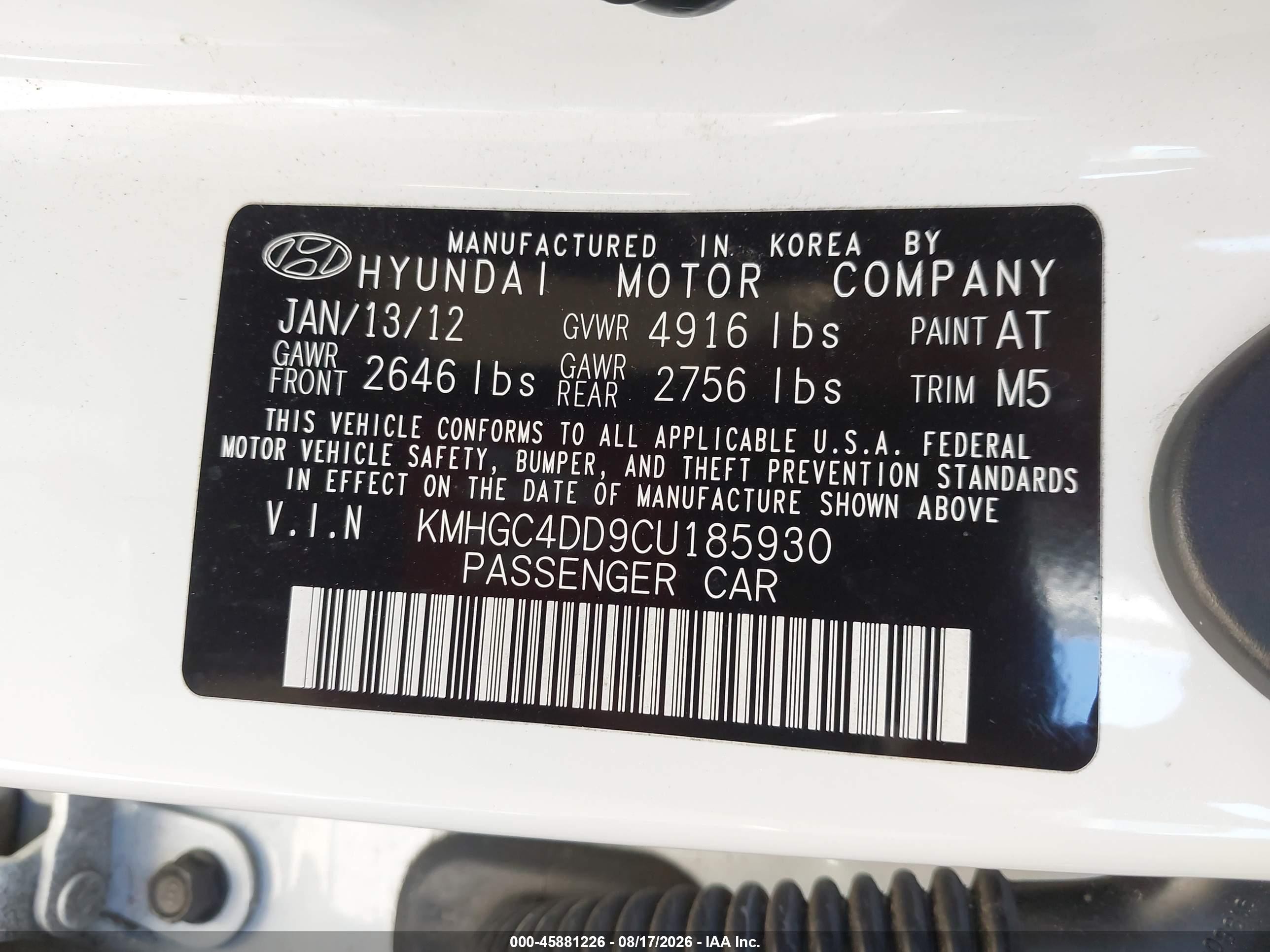 2012 Hyundai Genesis 3.8 White vin: KMHGC4DD9CU185930
