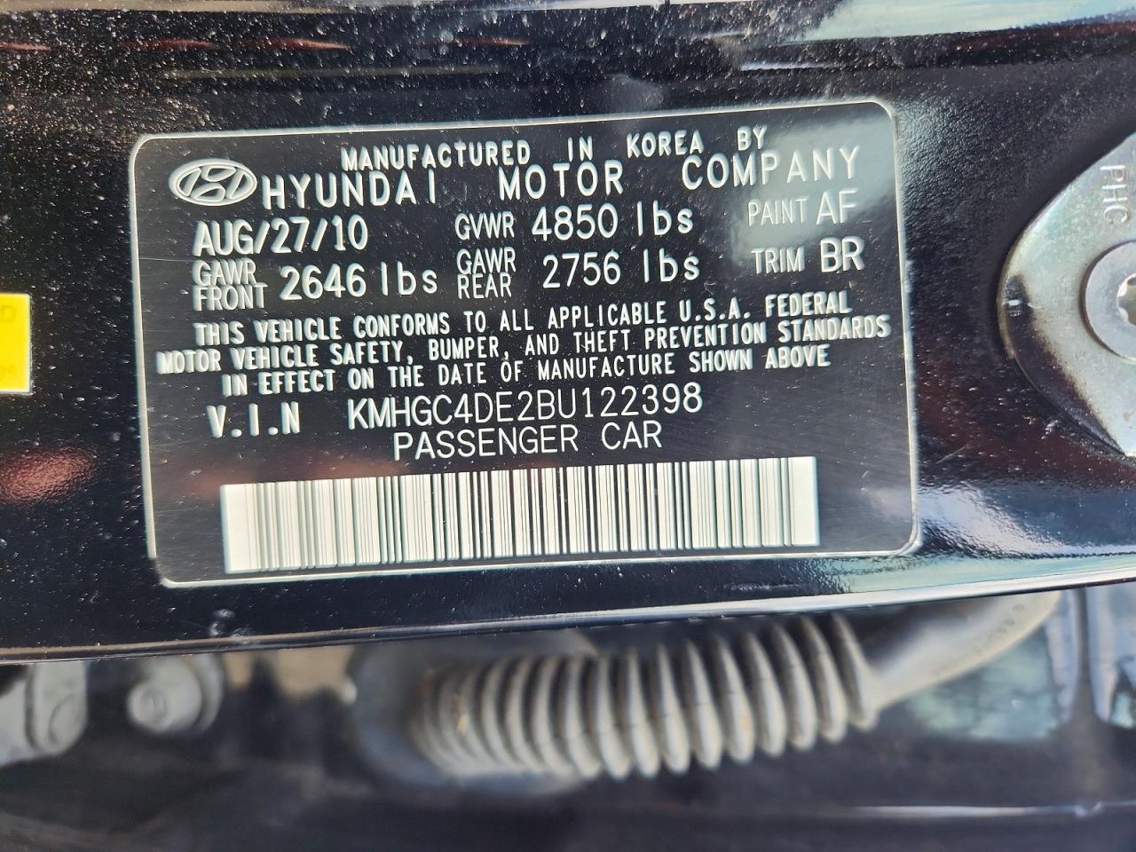 2011 Hyundai Genesis 3.8l Black vin: KMHGC4DE2BU122398