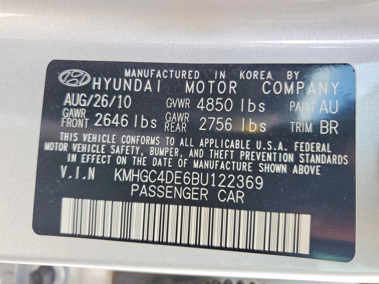 2011 Hyundai Genesis 3.8l Silver vin: KMHGC4DE6BU122369