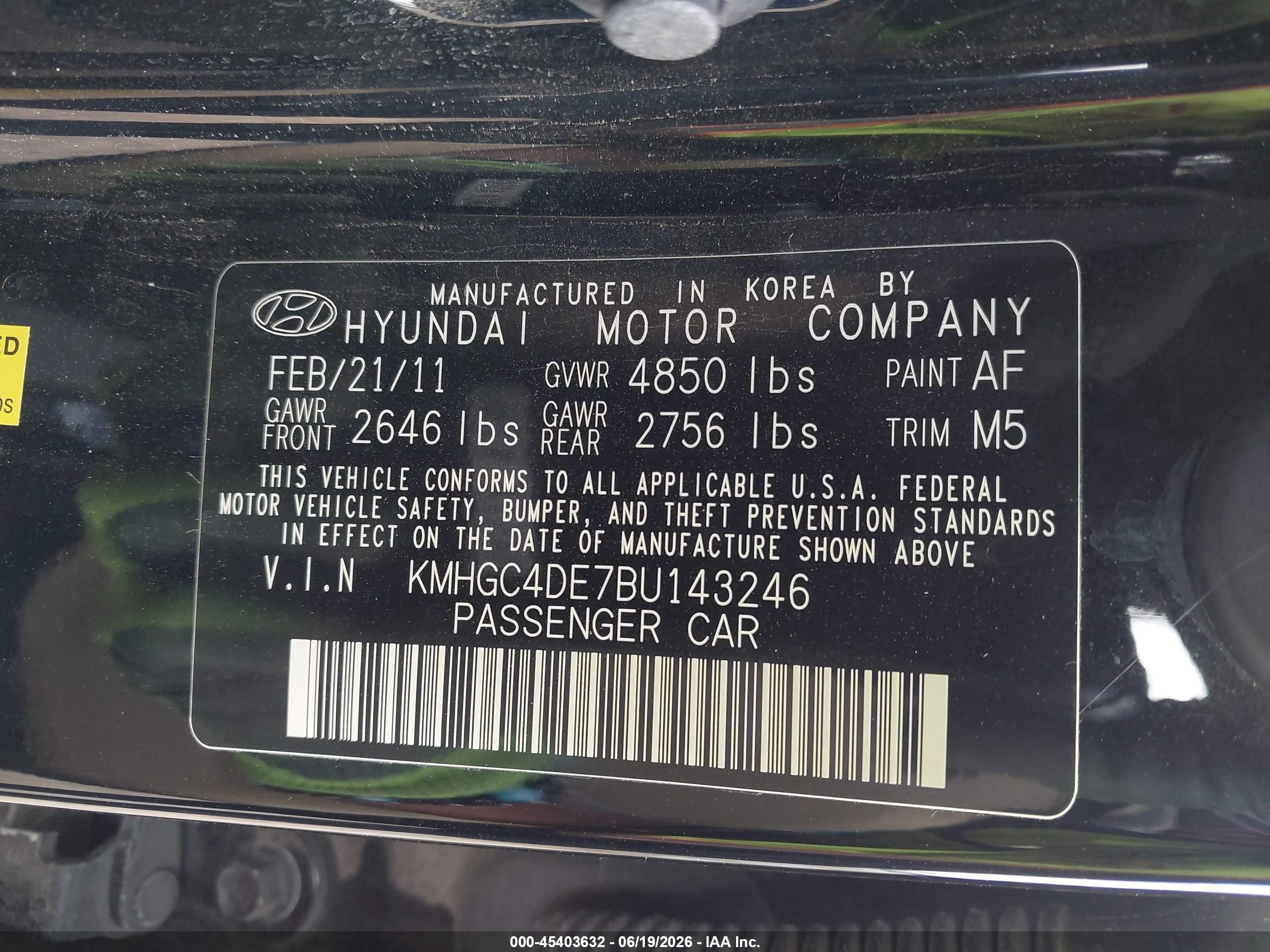 2011 Hyundai Genesis 3.8 Black vin: KMHGC4DE7BU143246