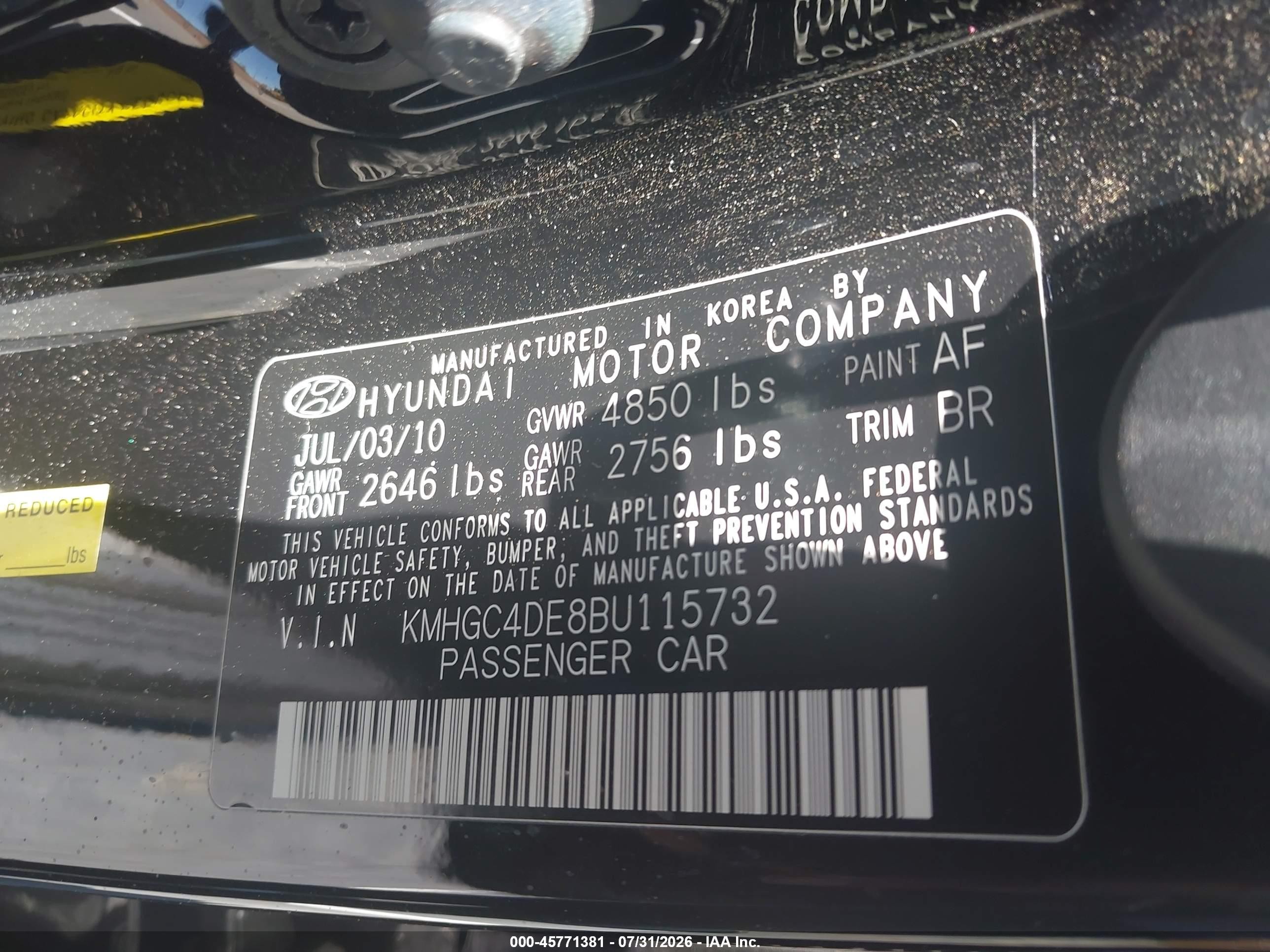 2011 Hyundai Genesis 3.8 Black vin: KMHGC4DE8BU115732