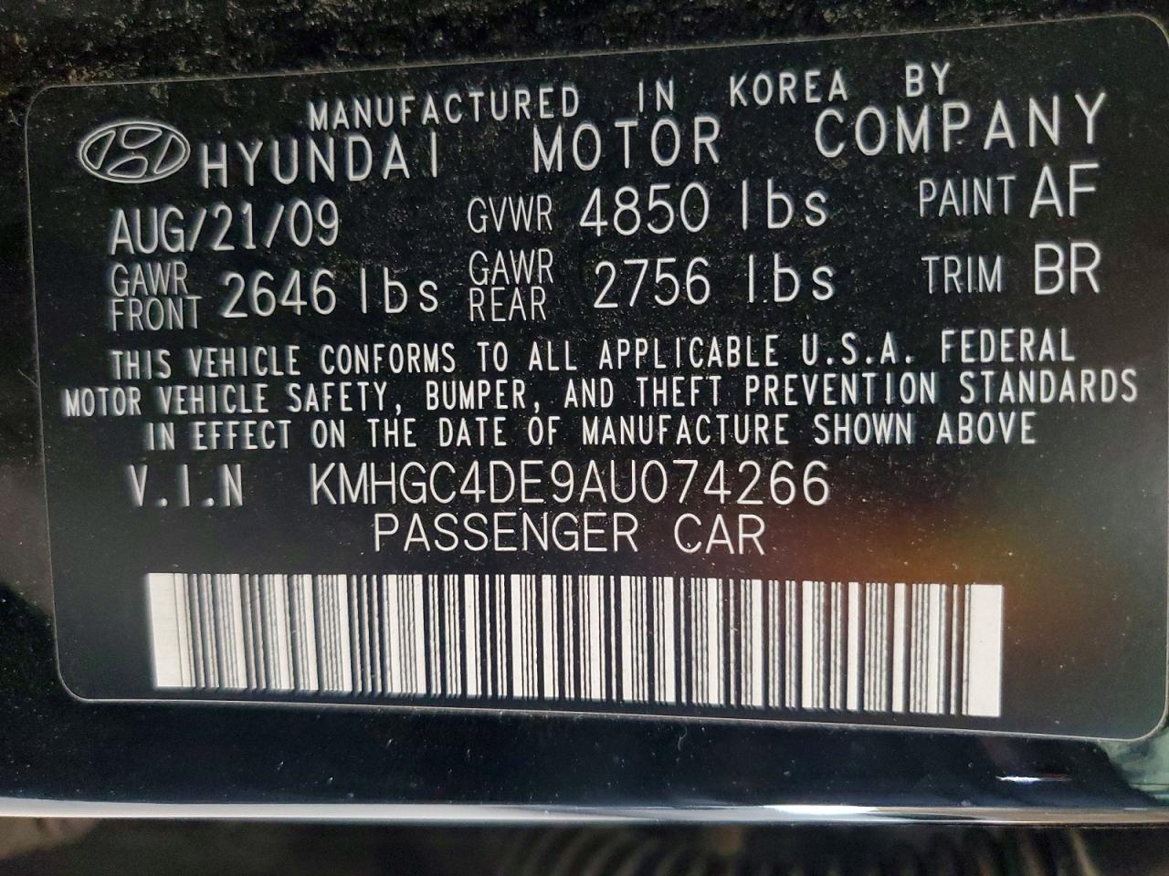 2010 Hyundai Genesis 3.8l Black vin: KMHGC4DE9AU074266