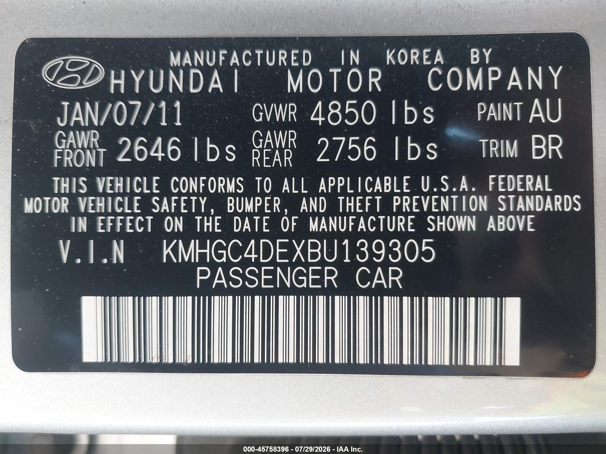 2011 Hyundai Genesis 3.8 Серебряный vin: KMHGC4DEXBU139305