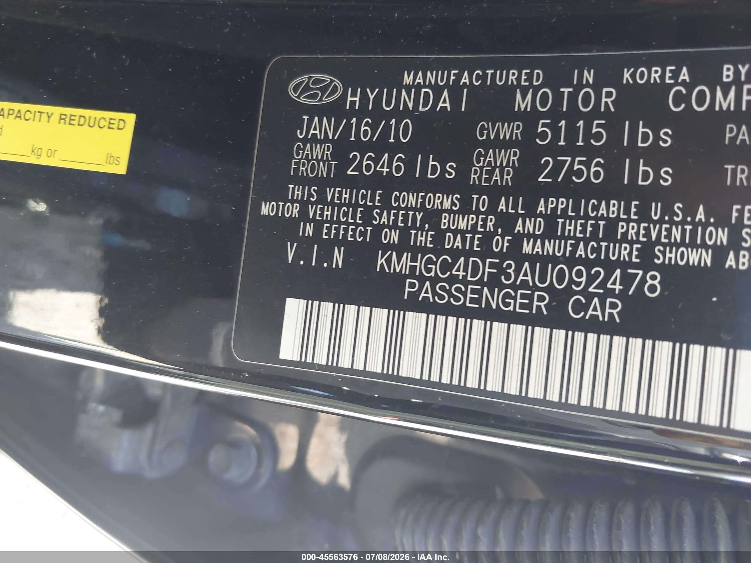 2010 Hyundai Genesis 4.6 Black vin: KMHGC4DF3AU092478