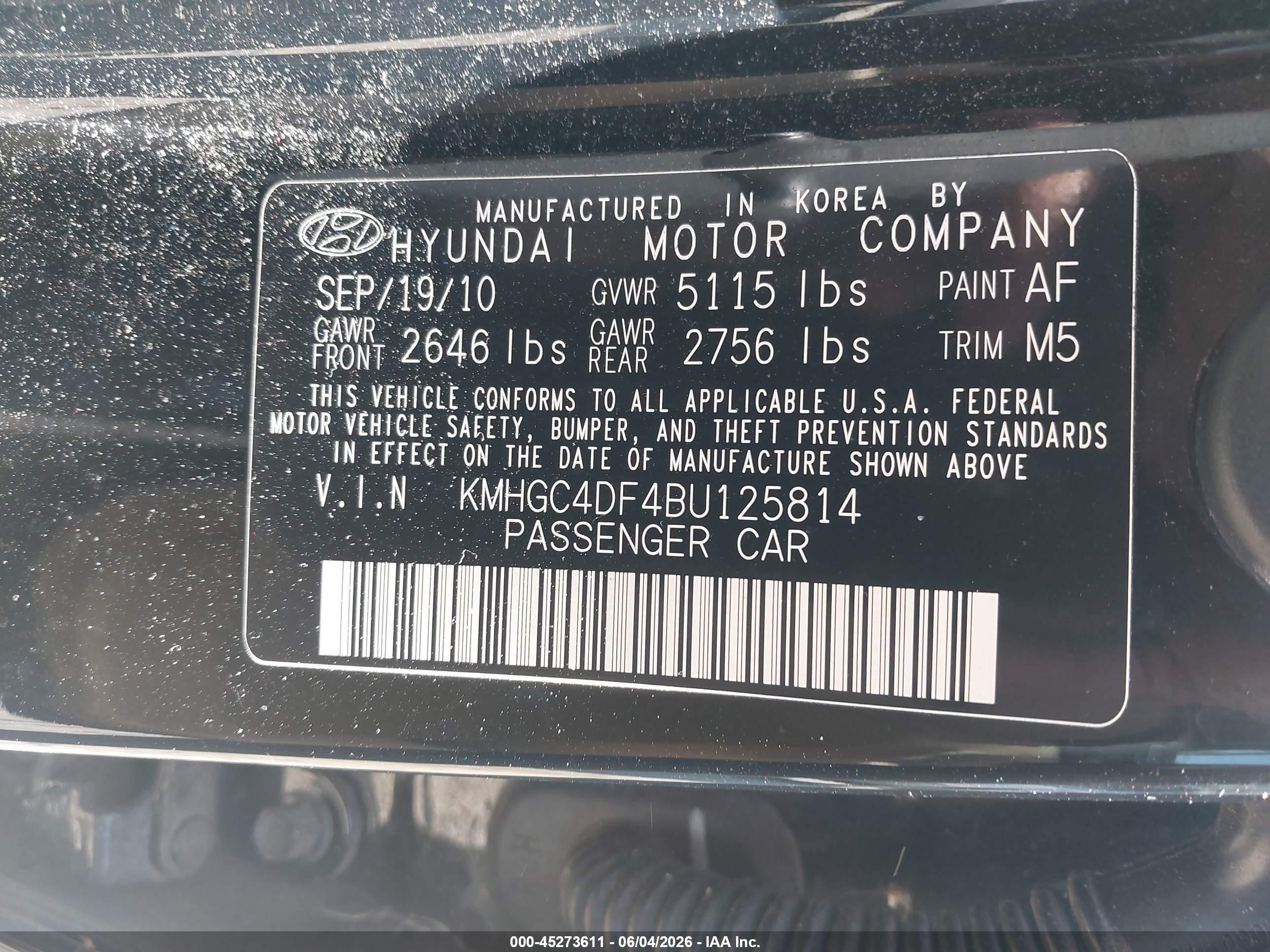 2011 Hyundai Genesis 4.6 Black vin: KMHGC4DF4BU125814