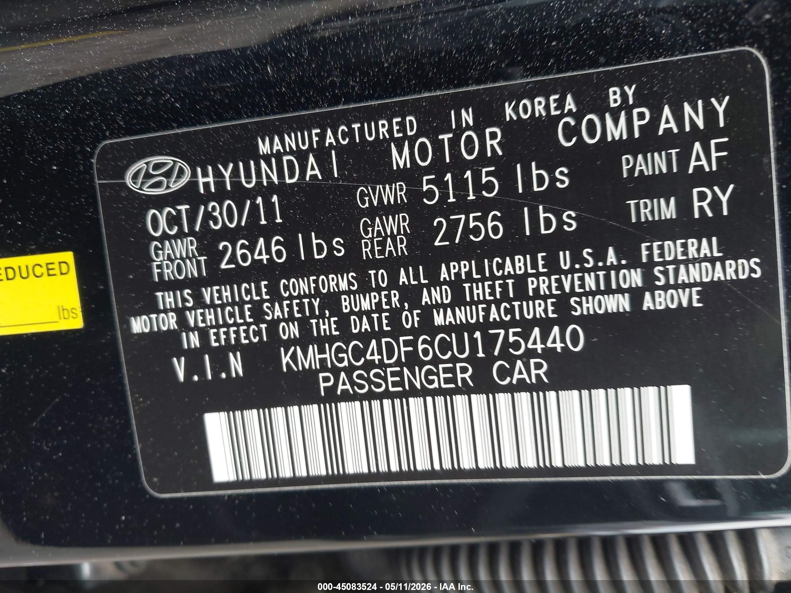 2012 Hyundai Genesis 4.6 Black vin: KMHGC4DF6CU175440