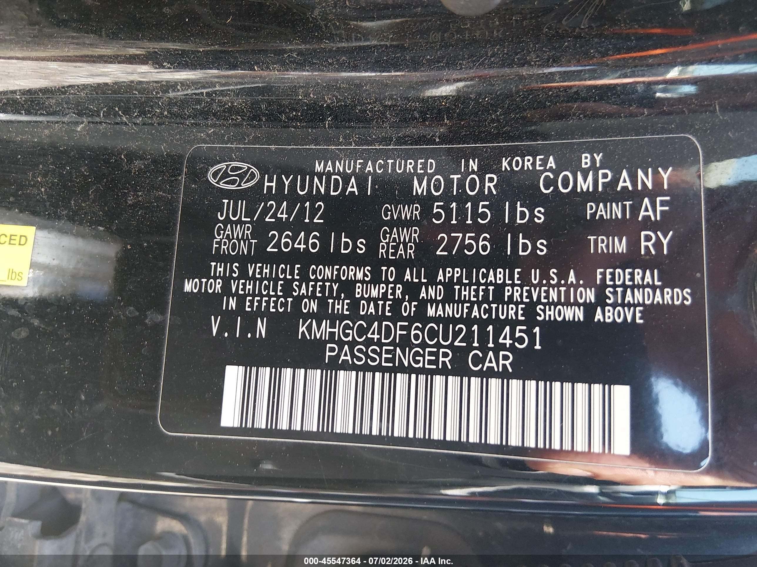 2012 Hyundai Genesis 4.6 Black vin: KMHGC4DF6CU211451