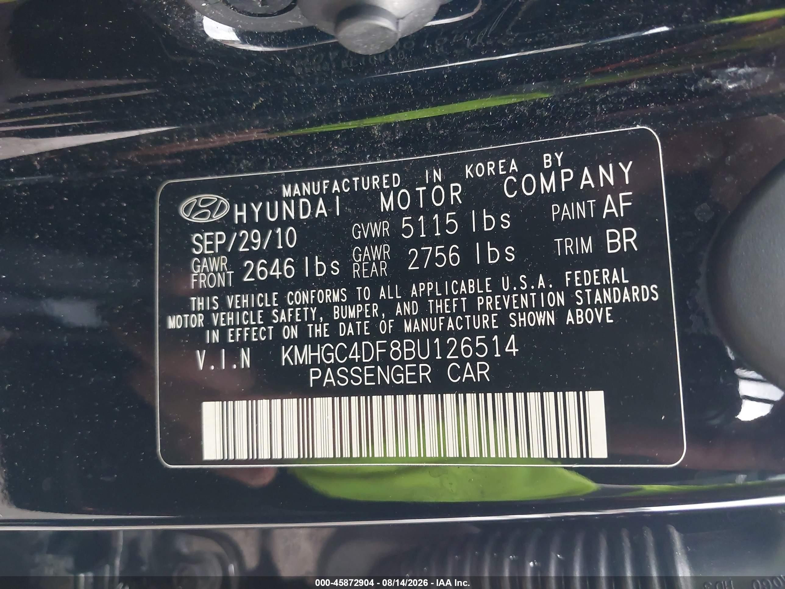 2011 Hyundai Genesis 4.6 Черный vin: KMHGC4DF8BU126514