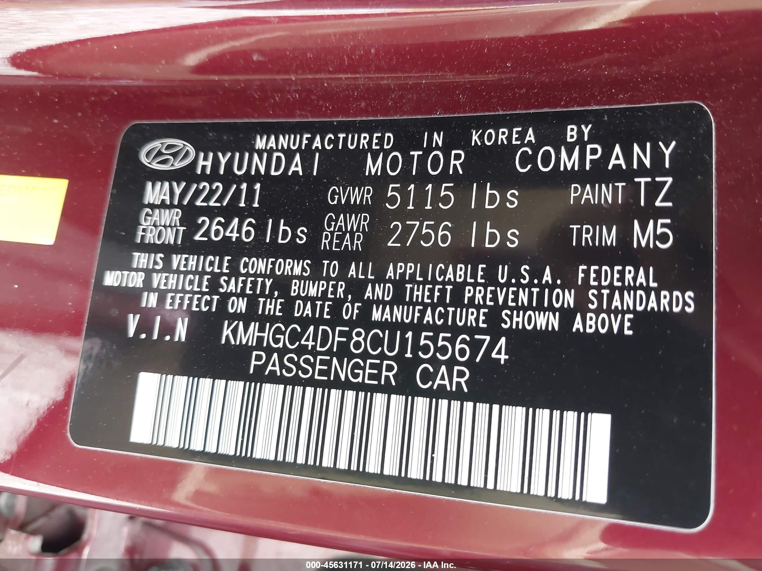 2012 Hyundai Genesis 4.6 Red vin: KMHGC4DF8CU155674