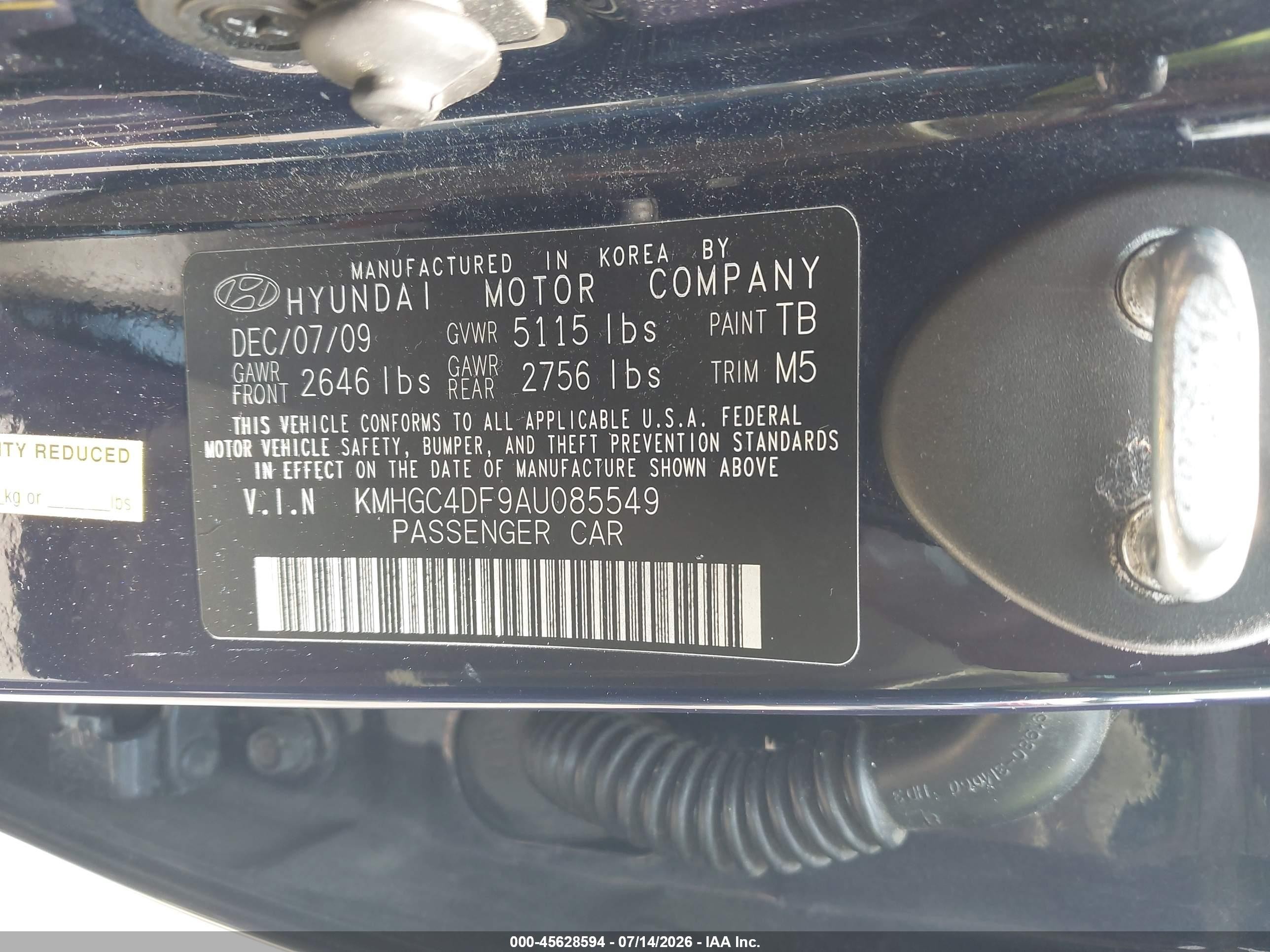 2010 Hyundai Genesis 4.6 Blue vin: KMHGC4DF9AU085549