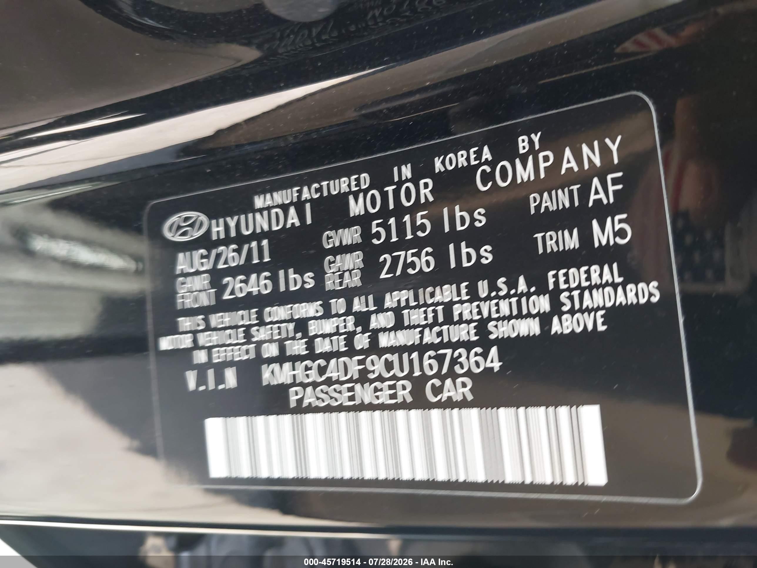 2012 Hyundai Genesis 4.6 Black vin: KMHGC4DF9CU167364
