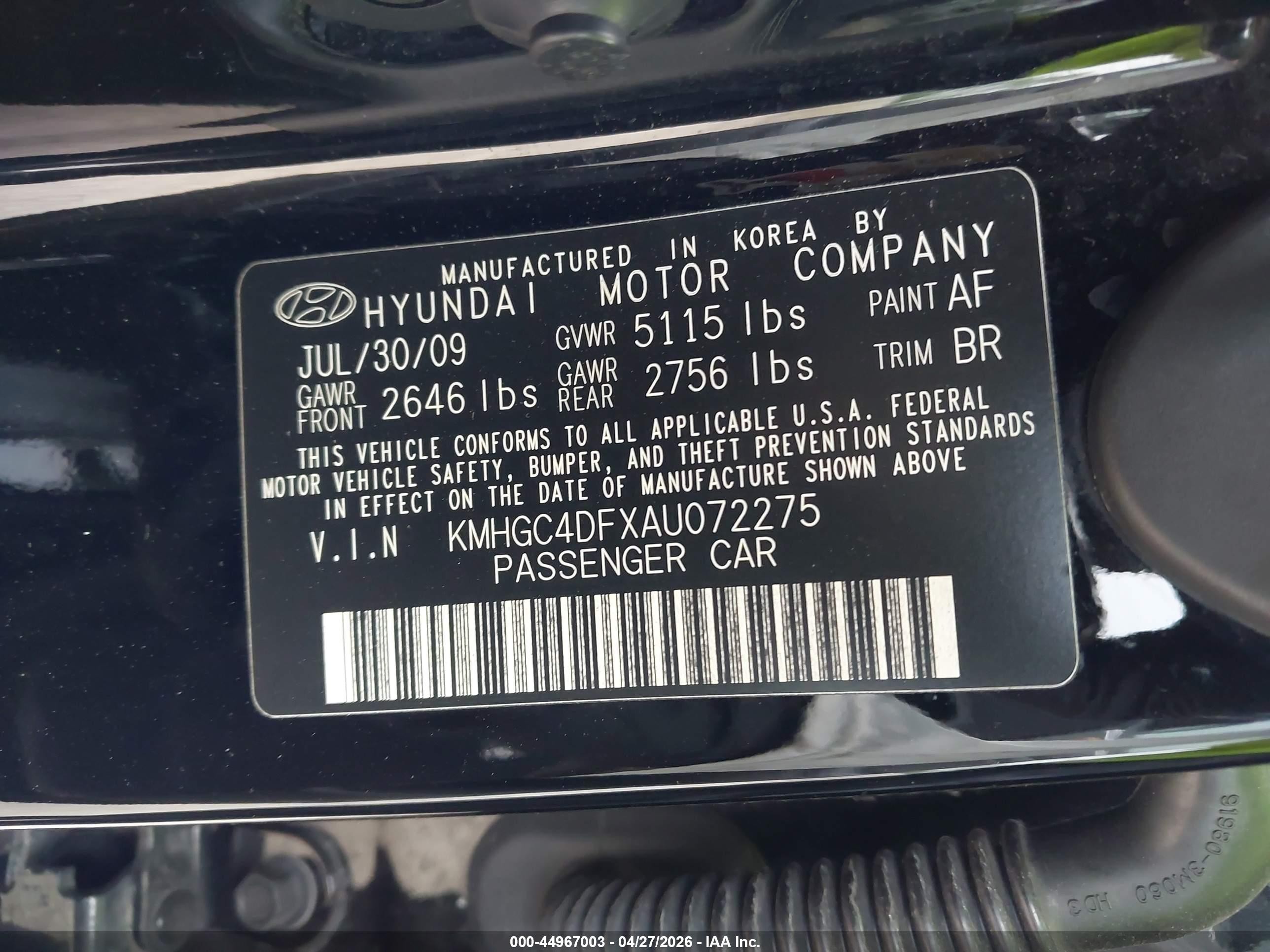 2010 Hyundai Genesis 4.6 Black vin: KMHGC4DFXAU072275