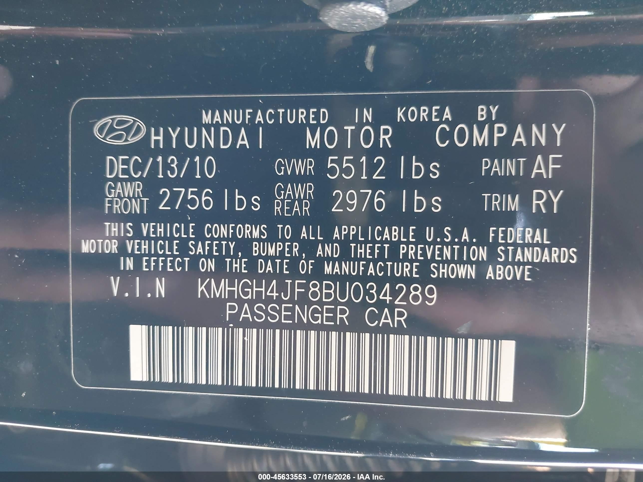 2011 Hyundai Equus Ultimate Black vin: KMHGH4JF8BU034289