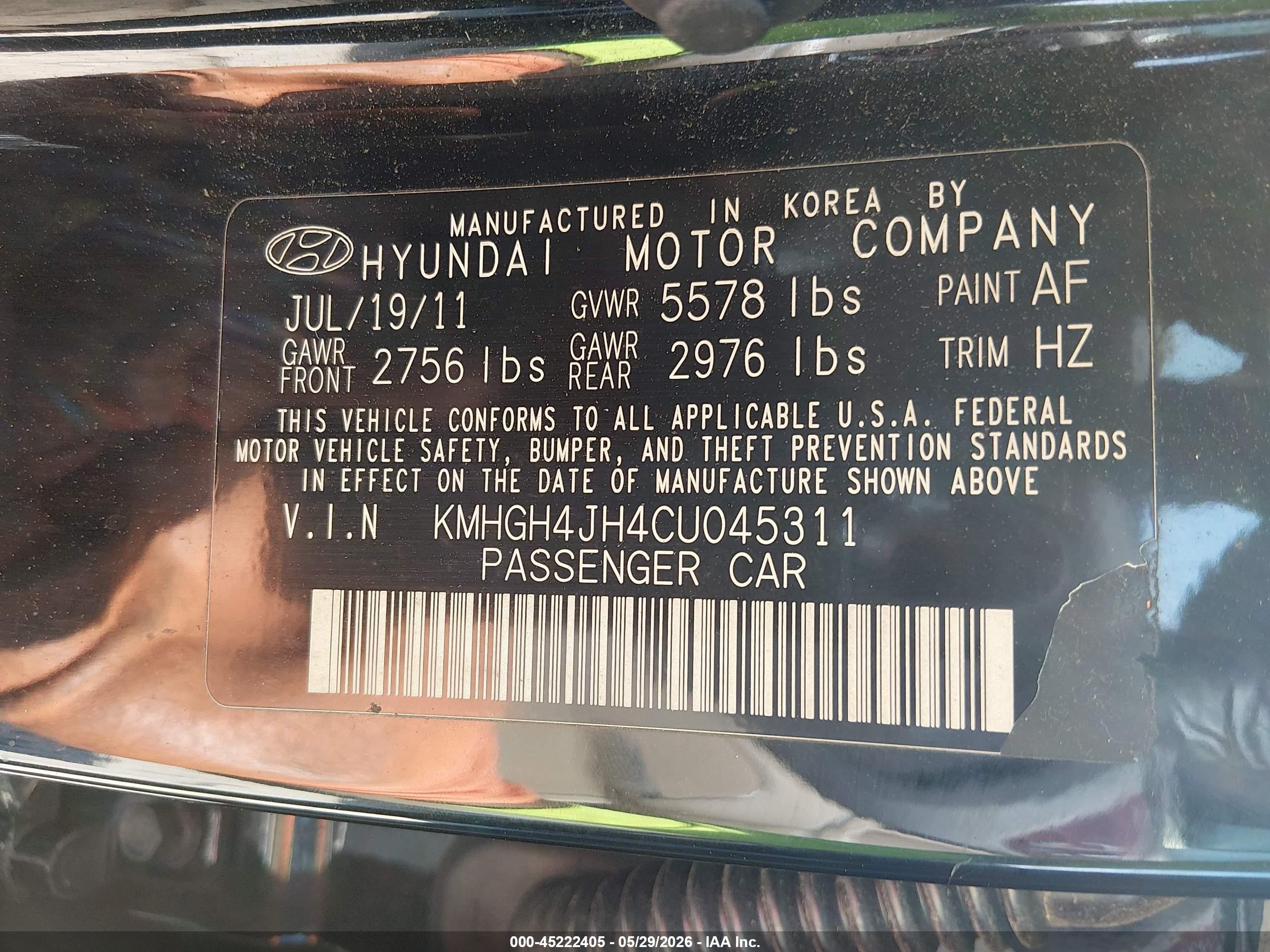 2012 Hyundai Equus Ultimate Black vin: KMHGH4JH4CU045311