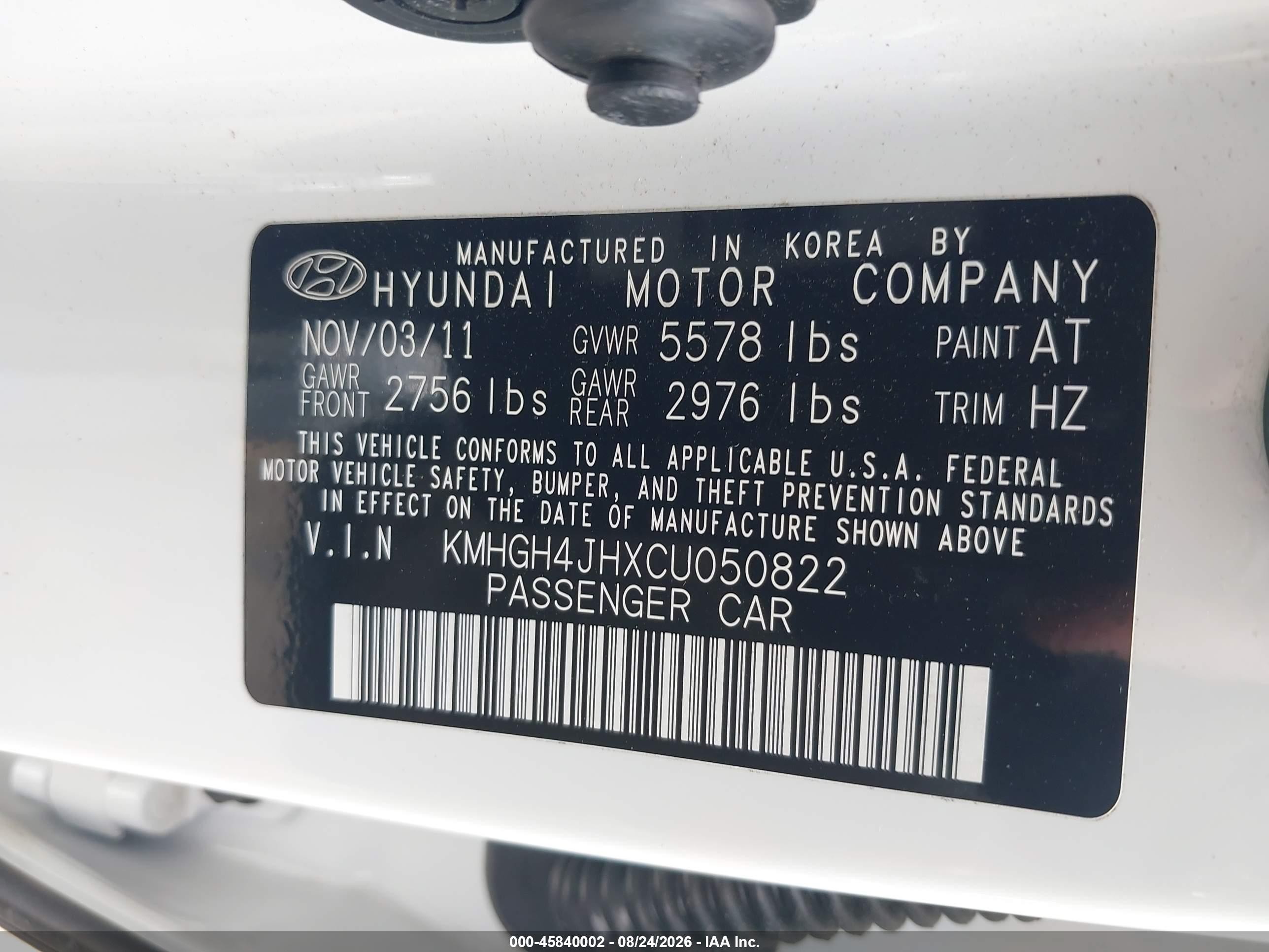 2012 Hyundai Equus Signature White vin: KMHGH4JHXCU050822