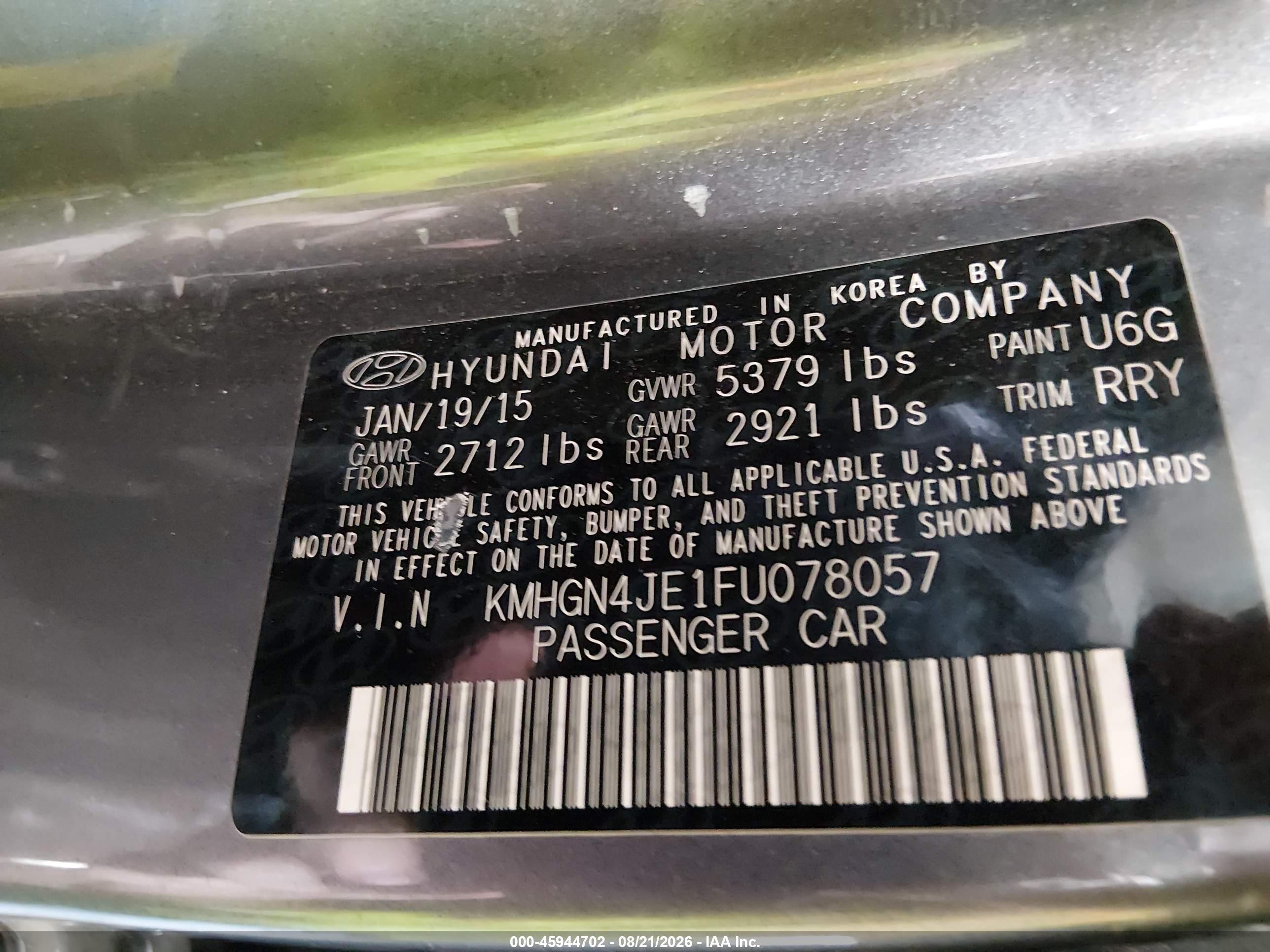 2015 Hyundai Genesis 3.8 Серый vin: KMHGN4JE1FU078057