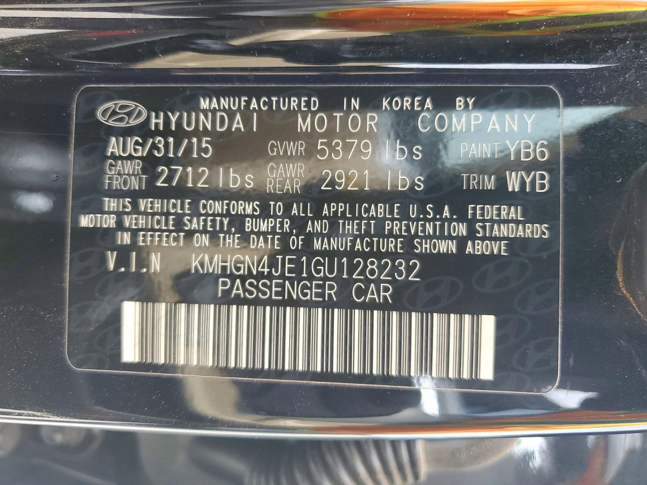 2016 Hyundai Genesis 3.8l Black vin: KMHGN4JE1GU128232