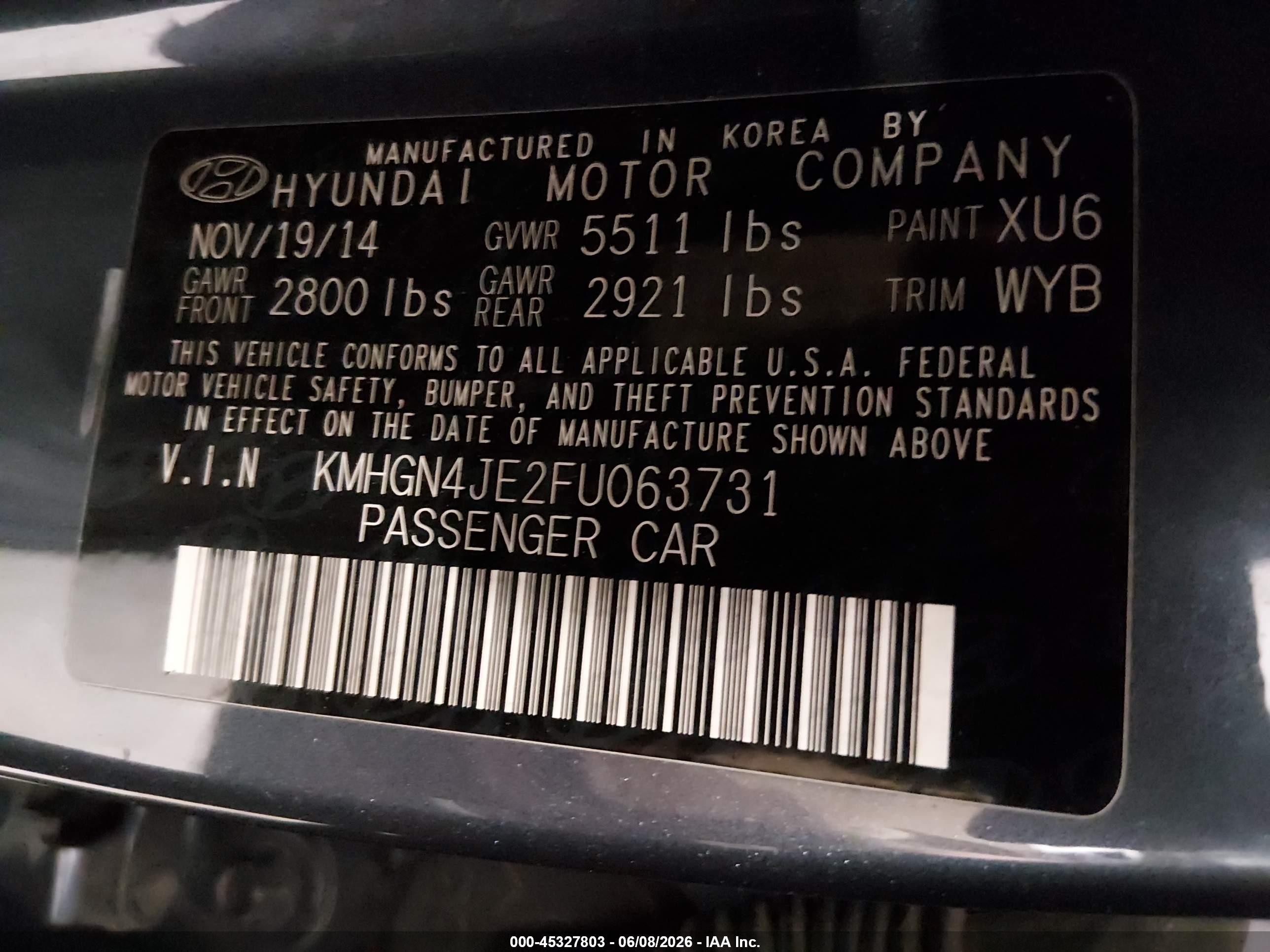 2015 Hyundai Genesis 3.8 Blue vin: KMHGN4JE2FU063731