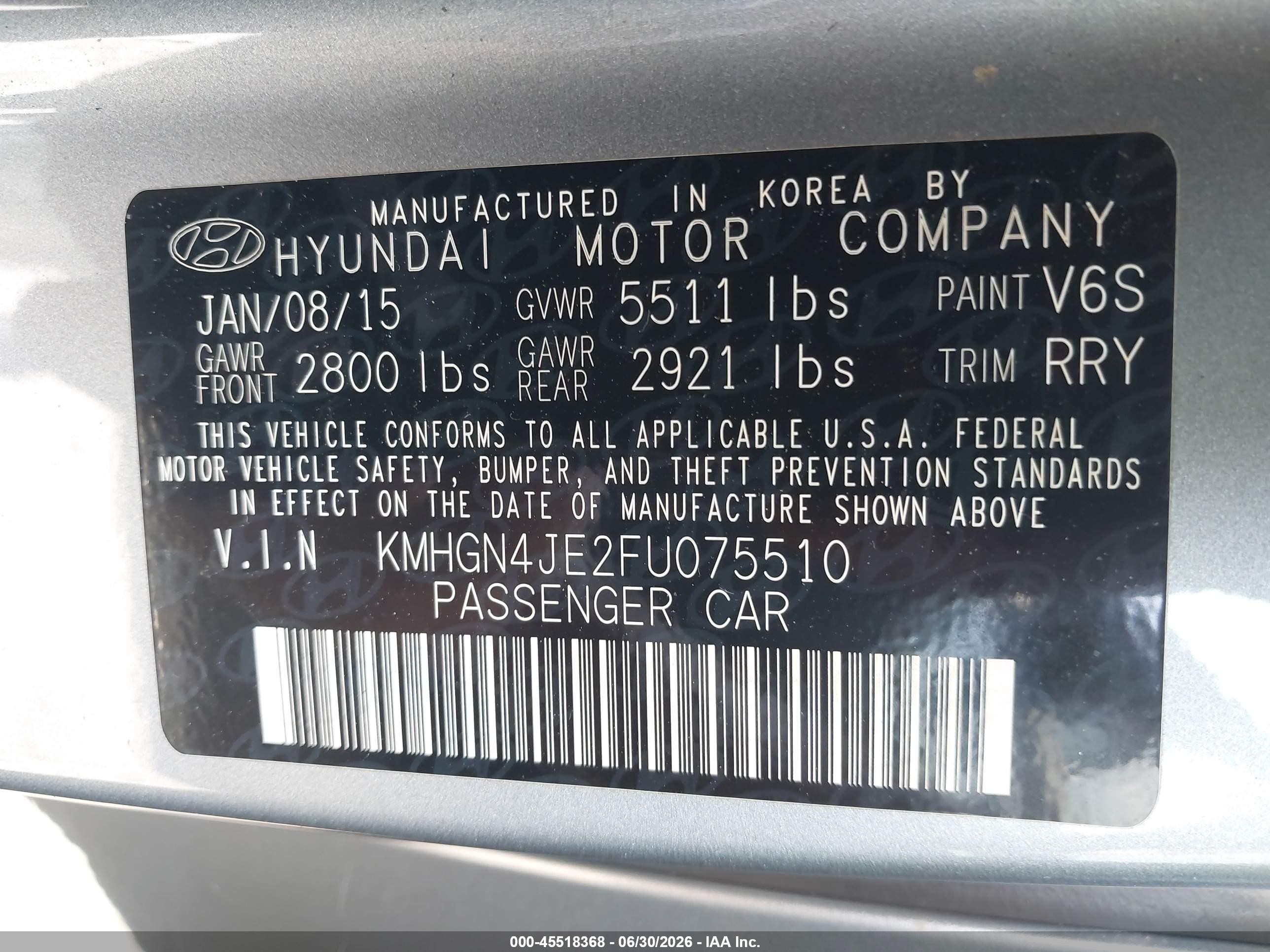 2015 Hyundai Genesis 3.8 Gray vin: KMHGN4JE2FU075510
