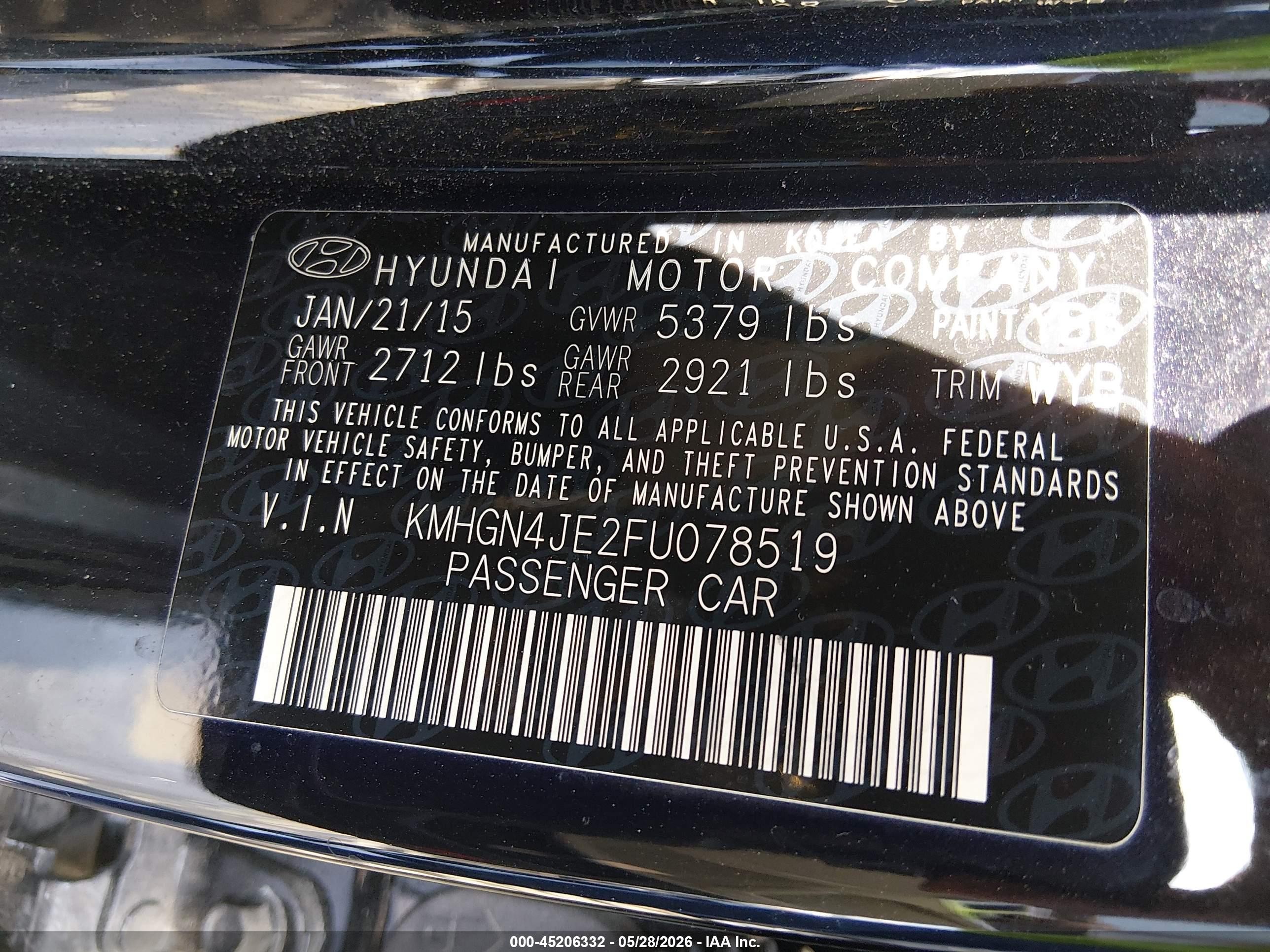 2015 Hyundai Genesis 3.8 Black vin: KMHGN4JE2FU078519