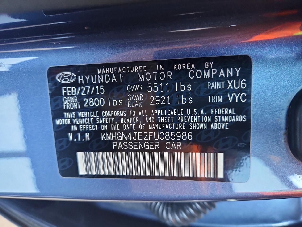 2015 Hyundai Genesis 3.8l Blue vin: KMHGN4JE2FU085986