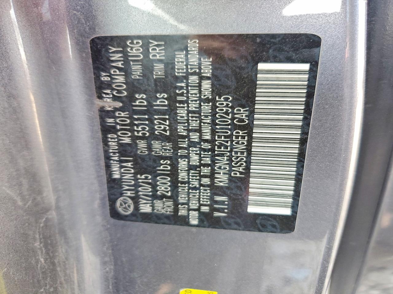 2015 Hyundai Genesis 3.8l Gray vin: KMHGN4JE2FU102995