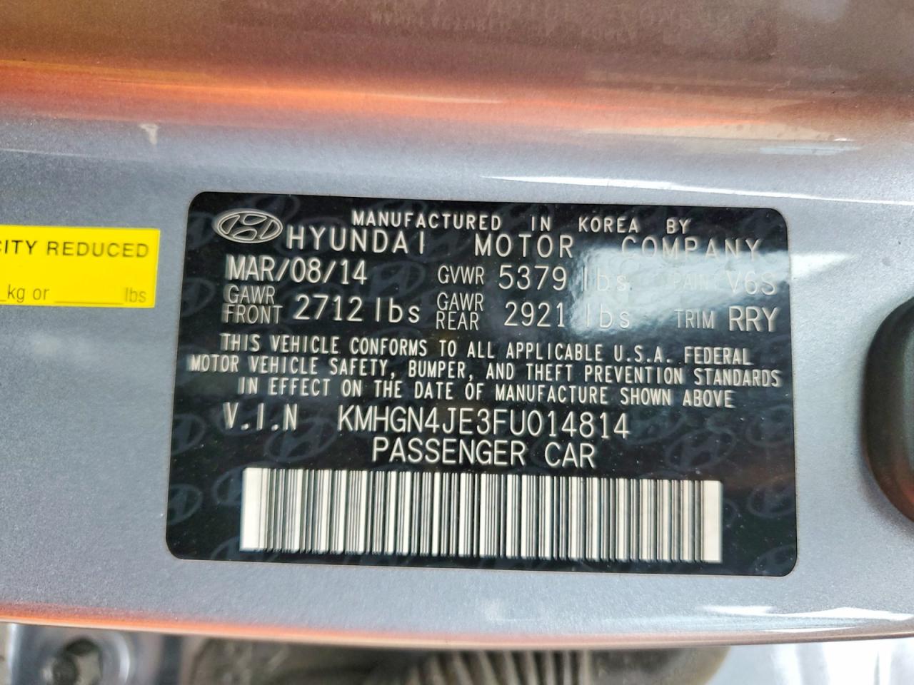 2015 Hyundai Genesis 3.8l Серый vin: KMHGN4JE3FU014814