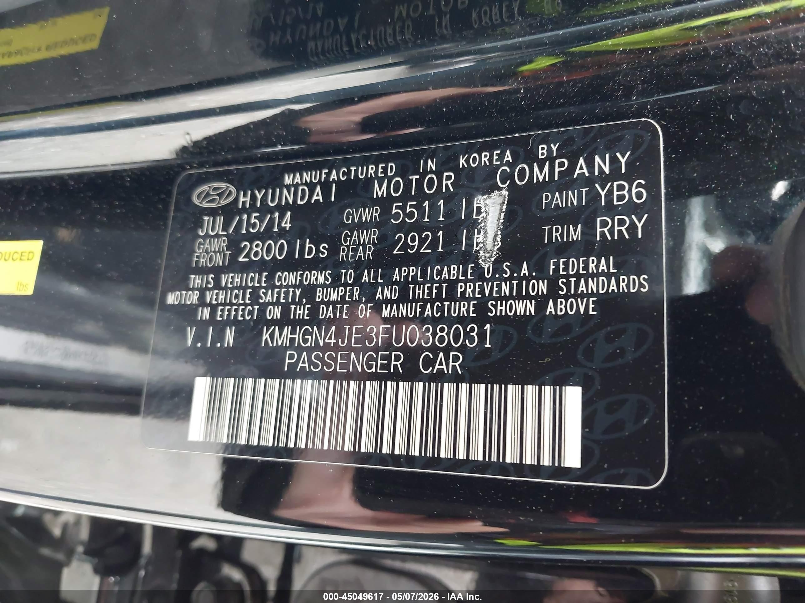 2015 Hyundai Genesis 3.8 Черный vin: KMHGN4JE3FU038031