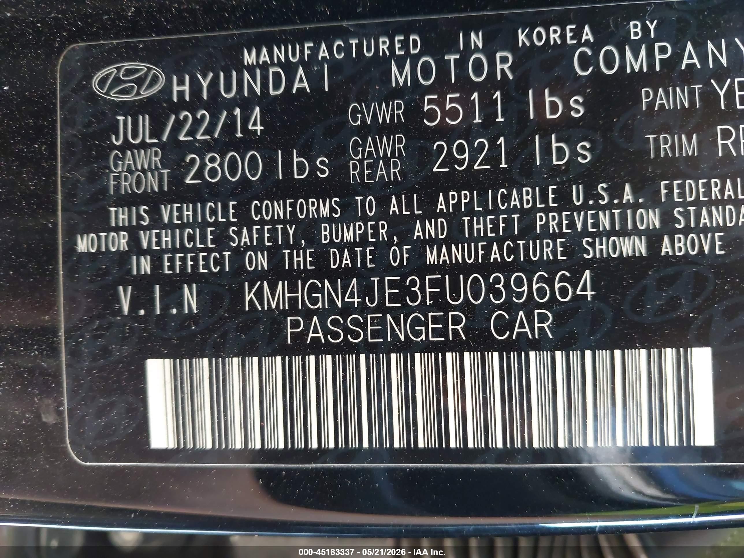 2015 Hyundai Genesis 3.8 Черный vin: KMHGN4JE3FU039664