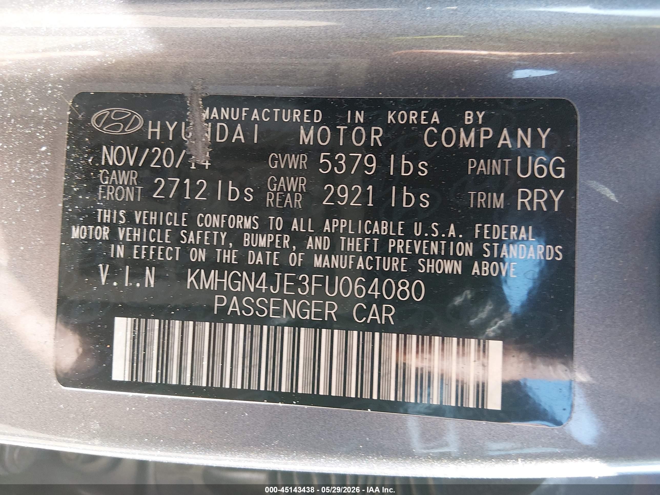 2015 Hyundai Genesis 3.8 Серый vin: KMHGN4JE3FU064080