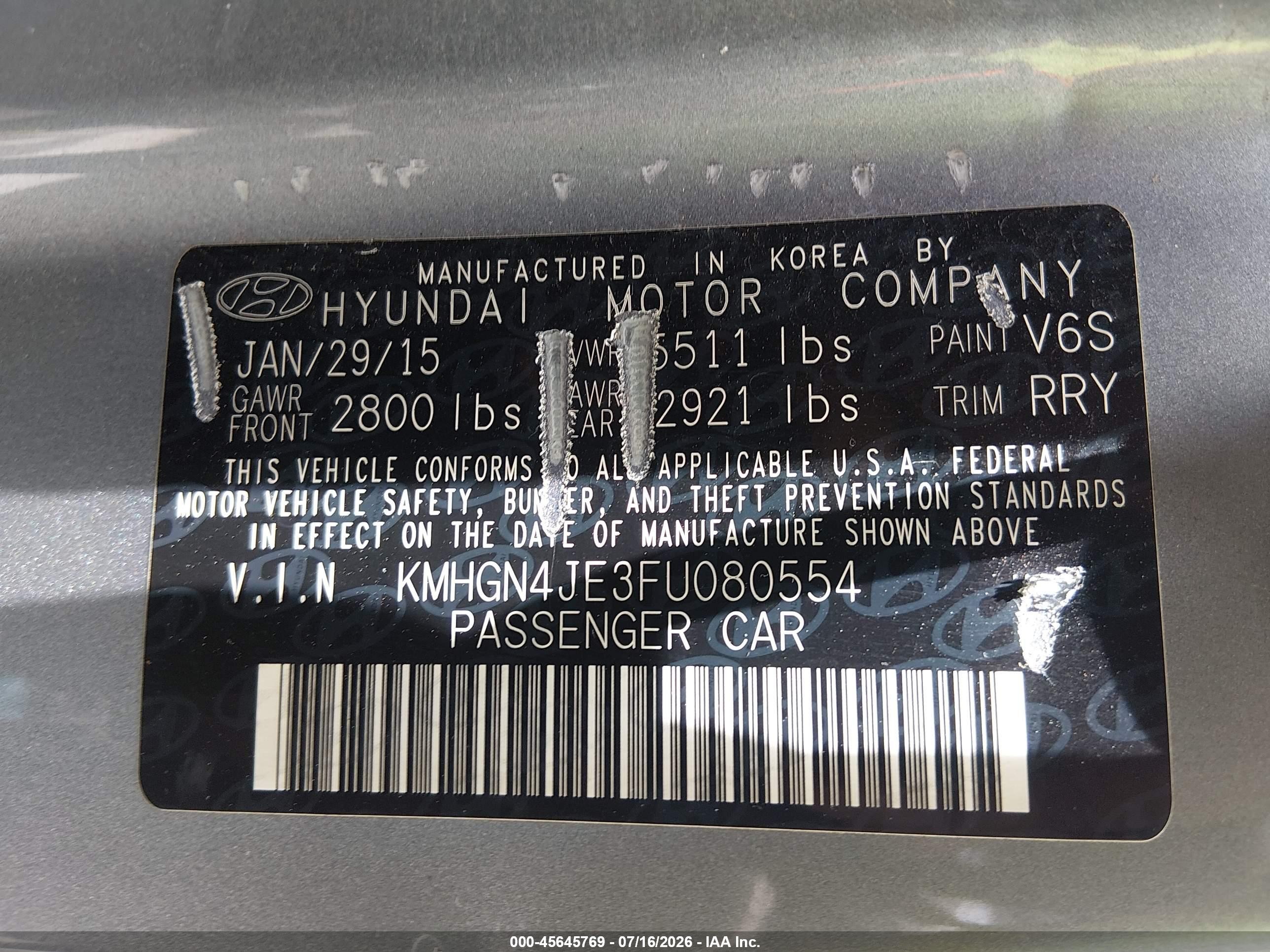 2015 Hyundai Genesis 3.8 Blue vin: KMHGN4JE3FU080554