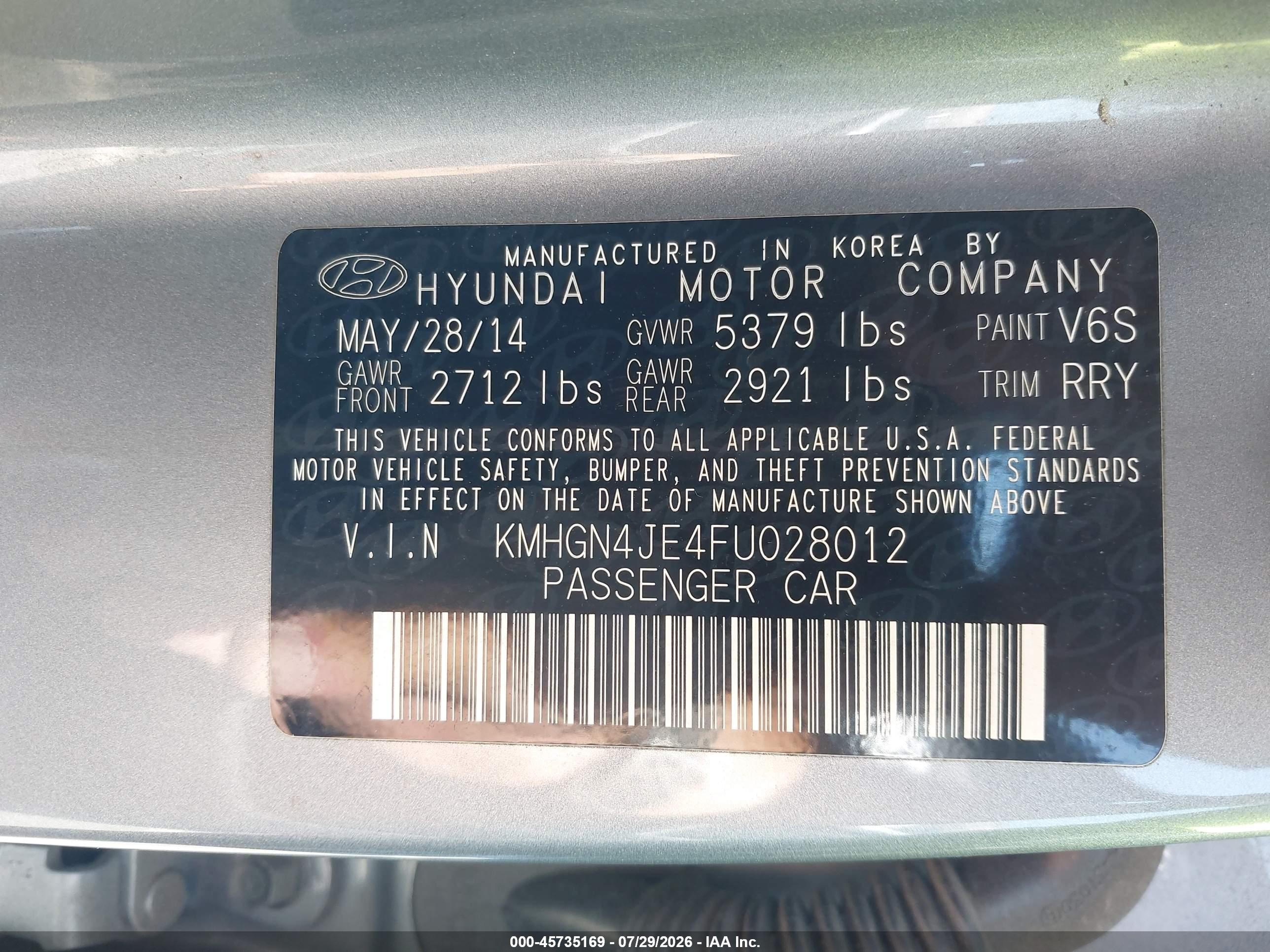 2015 Hyundai Genesis 3.8 Gray vin: KMHGN4JE4FU028012