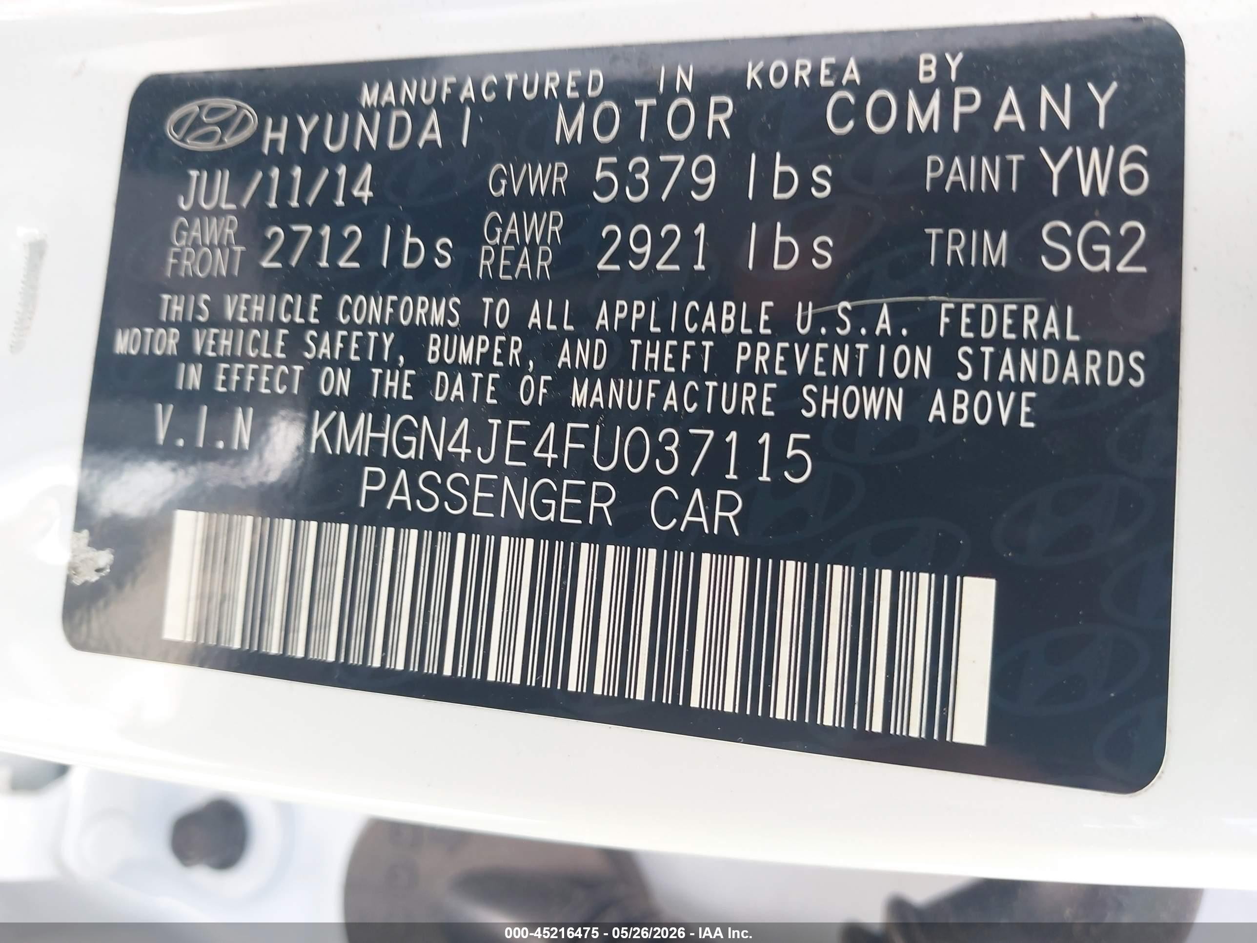 2015 Hyundai Genesis 3.8 Белый vin: KMHGN4JE4FU037115