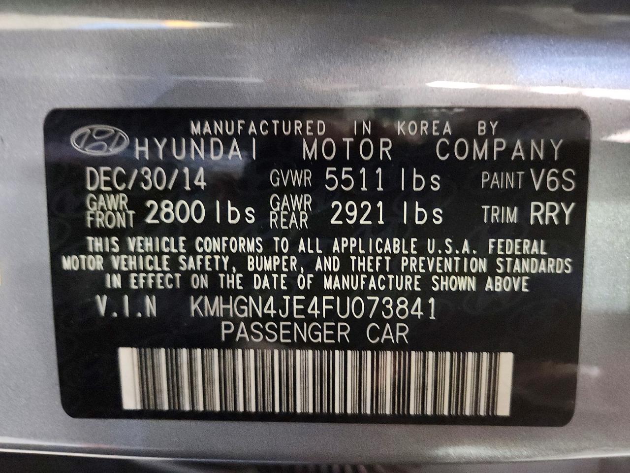 2015 Hyundai Genesis 3.8l Gray vin: KMHGN4JE4FU073841