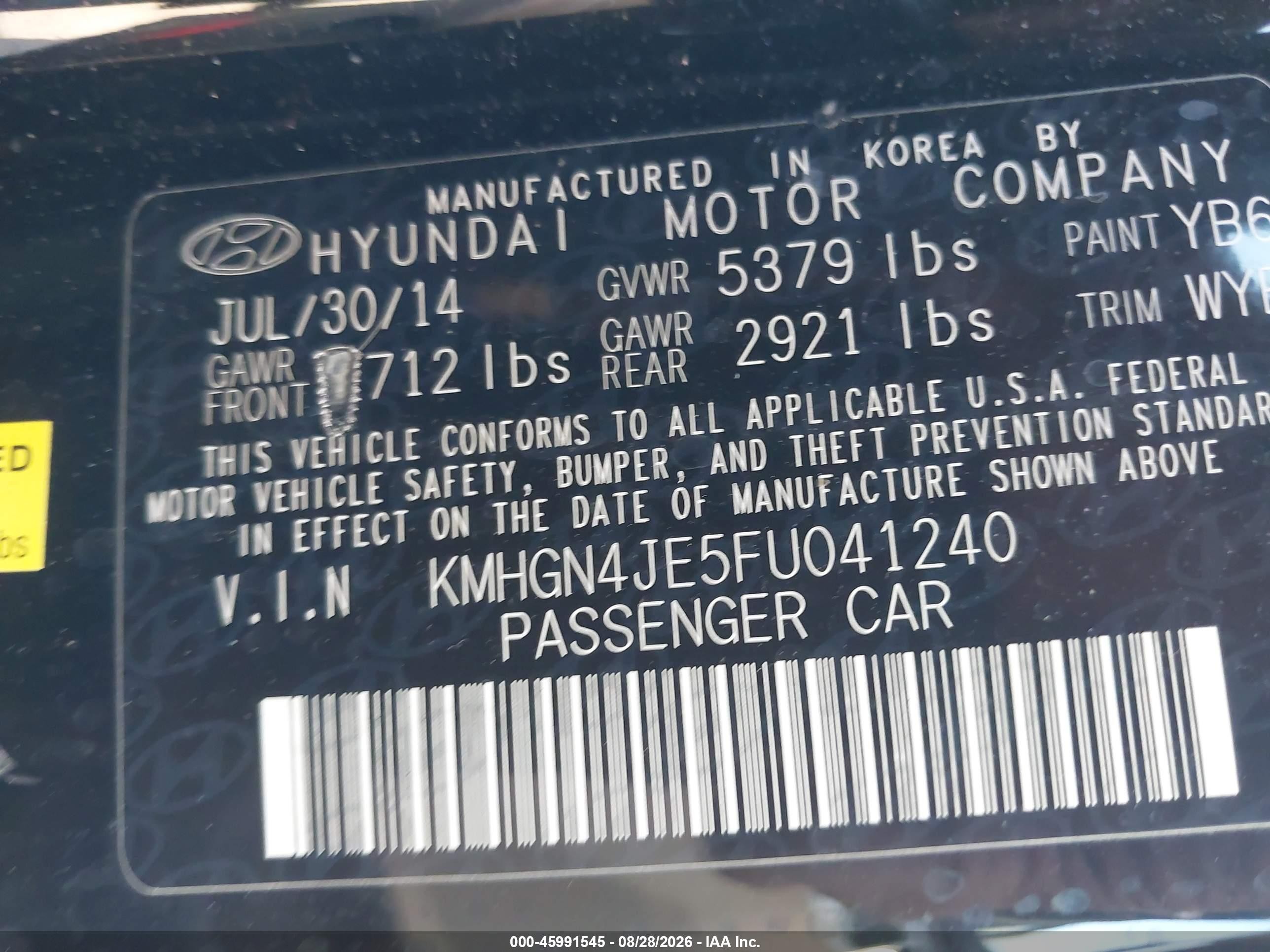 2015 Hyundai Genesis 3.8 Black vin: KMHGN4JE5FU041240
