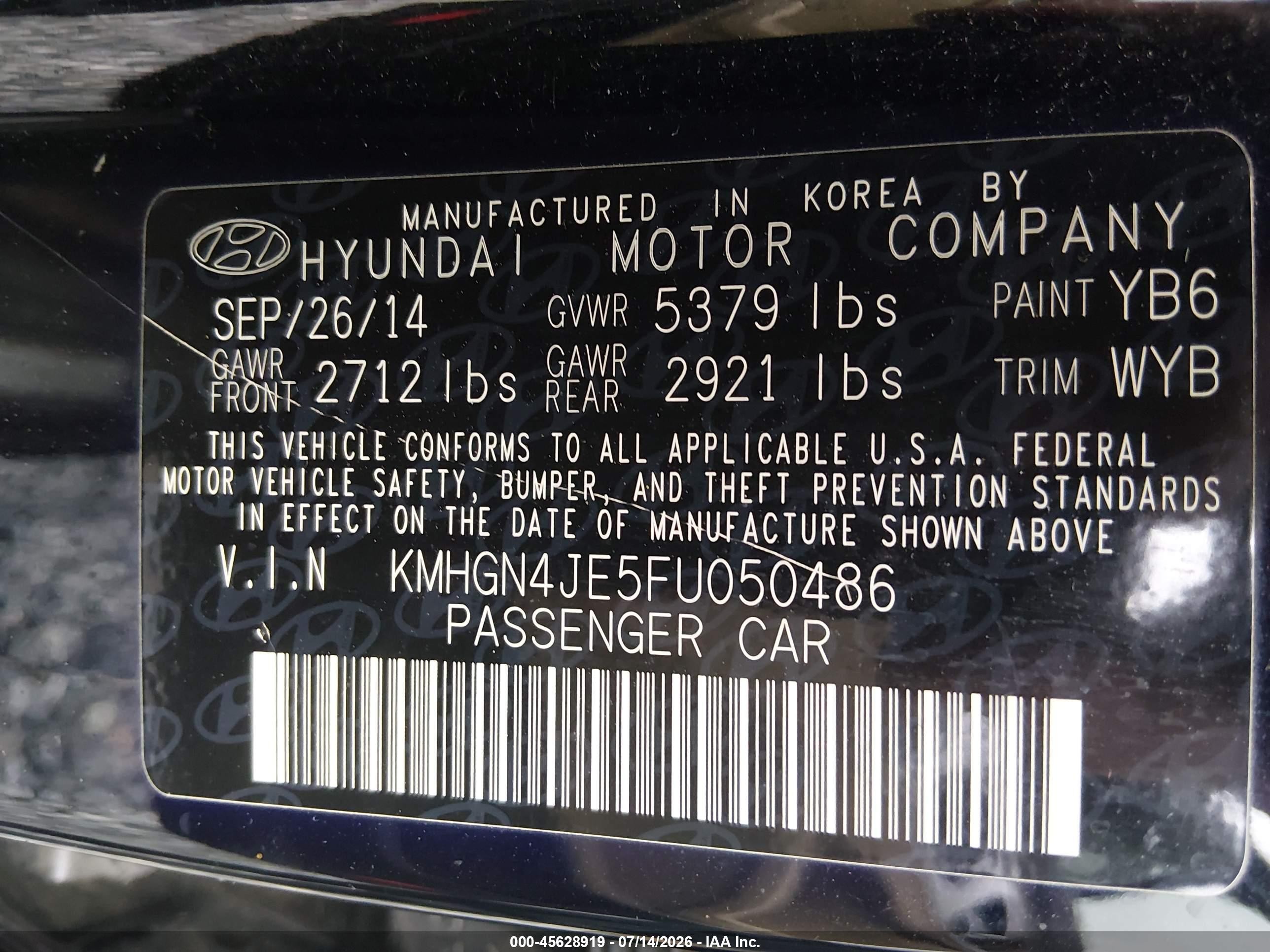 2015 Hyundai Genesis 3.8 Black vin: KMHGN4JE5FU050486