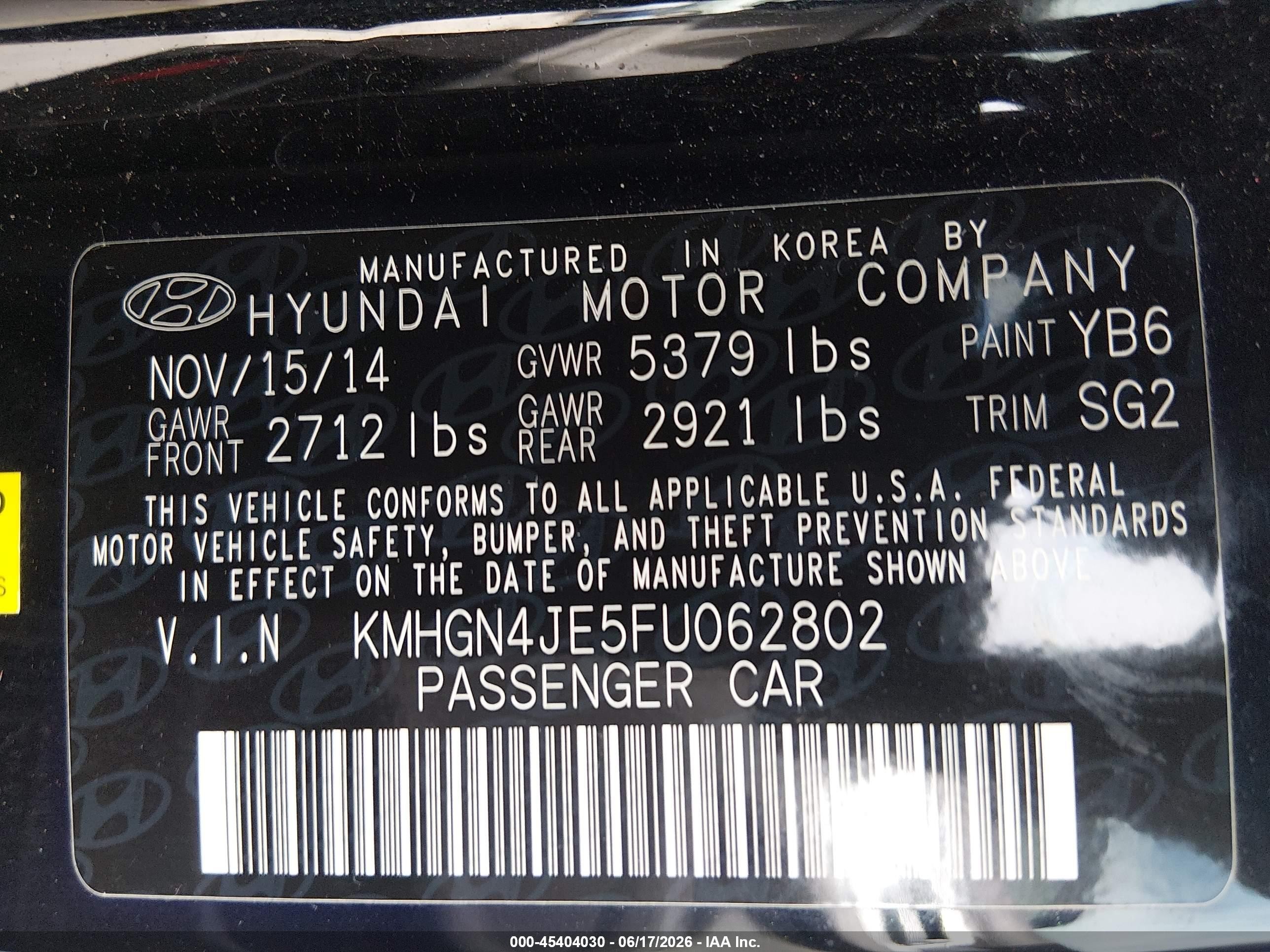 2015 Hyundai Genesis 3.8 Black vin: KMHGN4JE5FU062802