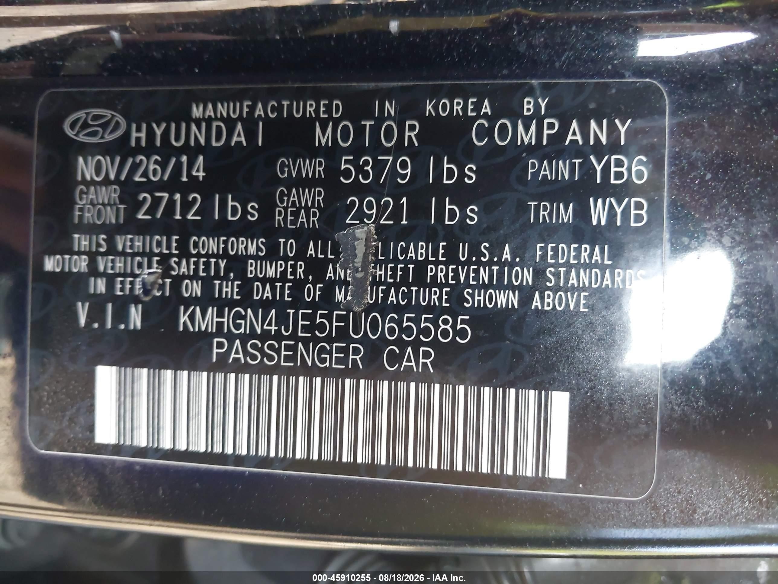 2015 Hyundai Genesis 3.8 Black vin: KMHGN4JE5FU065585