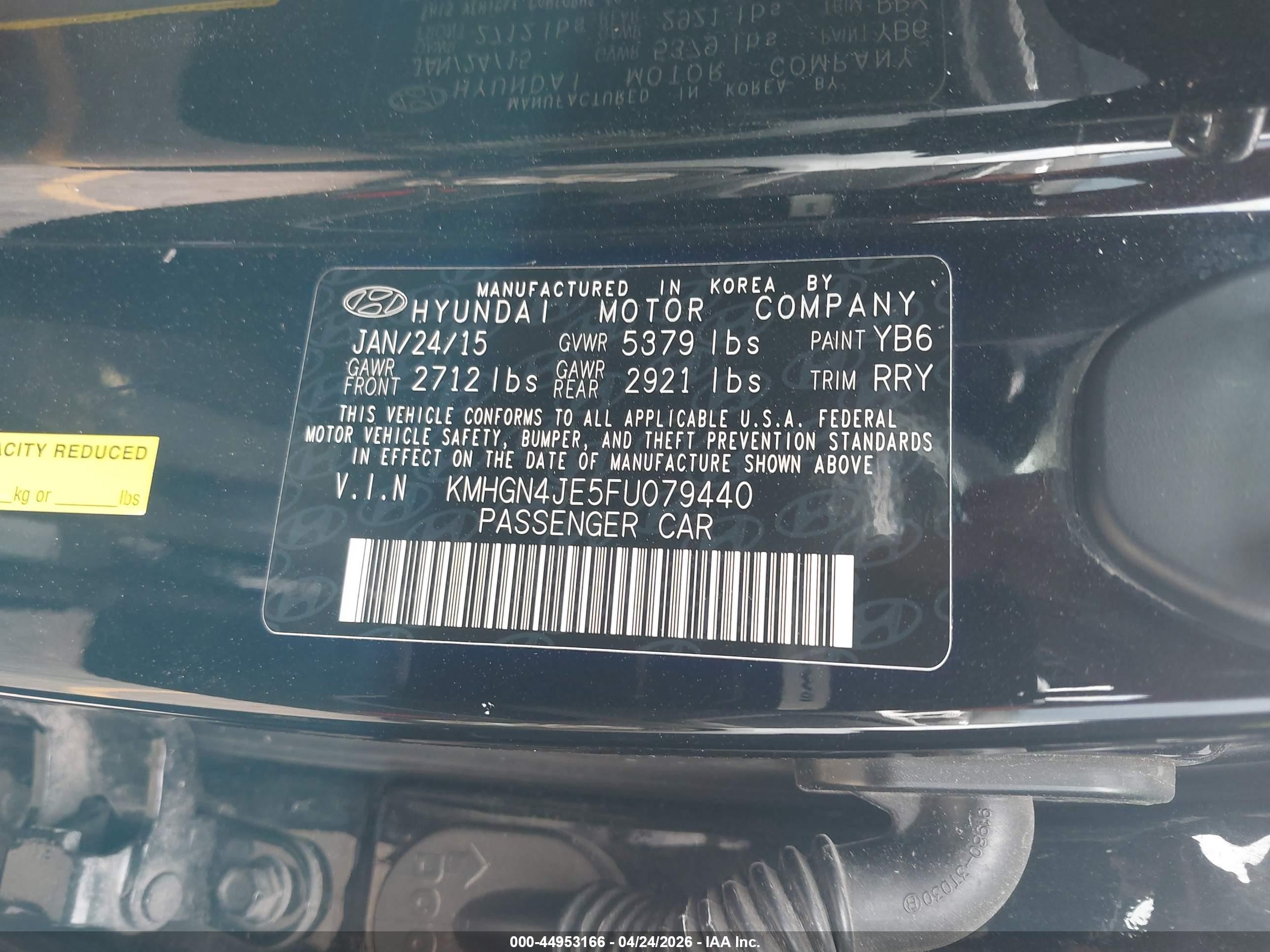 2015 Hyundai Genesis 3.8 Black vin: KMHGN4JE5FU079440