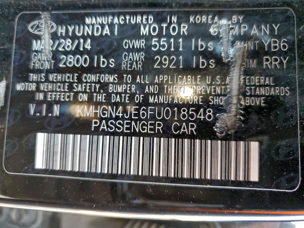 2015 Hyundai Genesis 3.8l Black vin: KMHGN4JE6FU018548