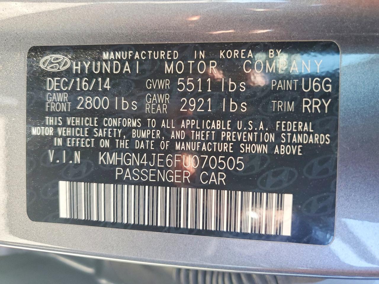 2015 Hyundai Genesis 3.8l Gray vin: KMHGN4JE6FU070505